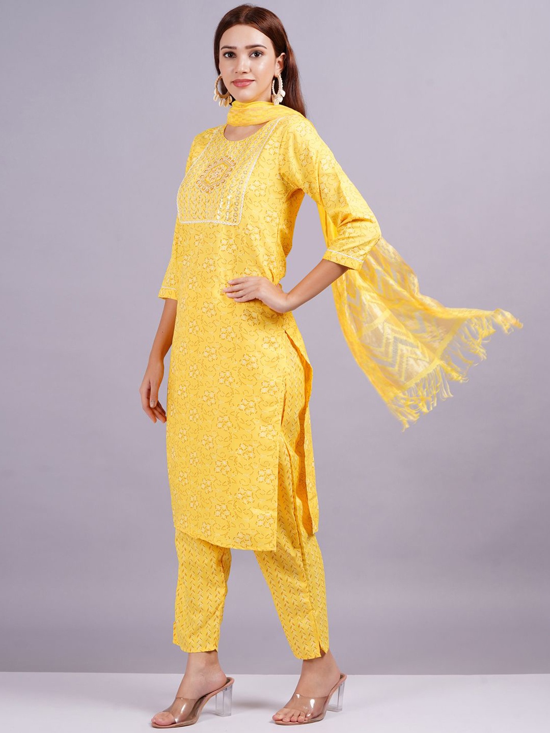 

KALINI Floral Printed Round Neck Regular Sequinned Kurta With Trouser With Dupatta, Yellow