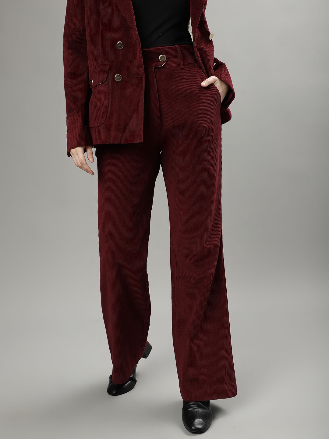 

Iconic Women Textured Mid-Rise Pure Cotton Bootcut Trousers, Burgundy