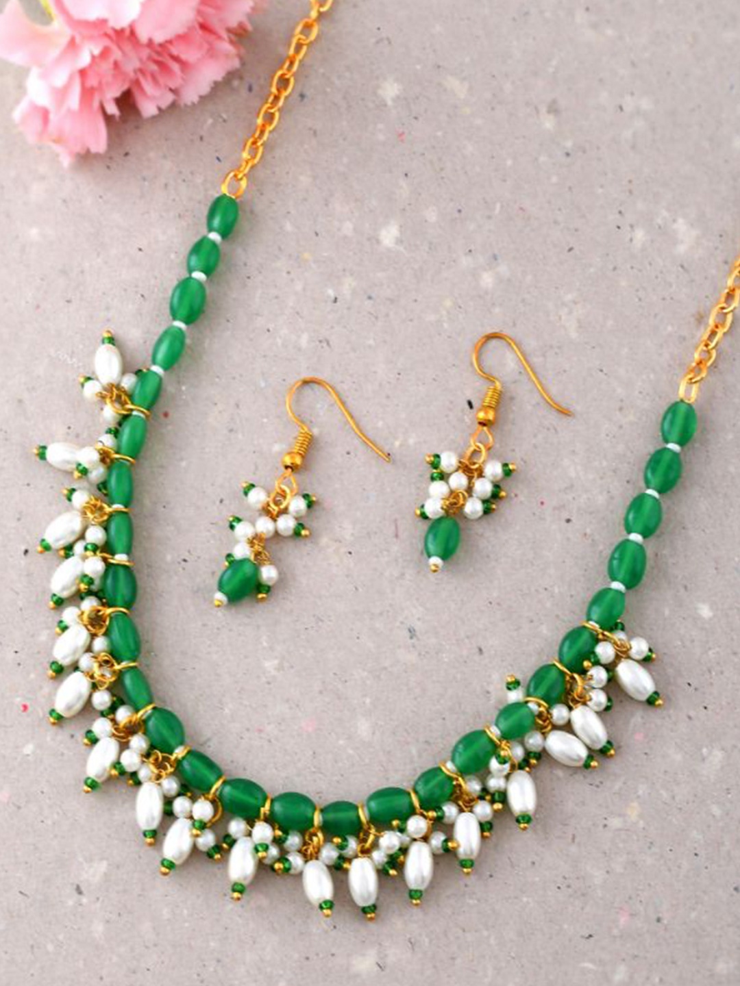 

DASTOOR Beaded Studded Necklace & Earrings, Gold