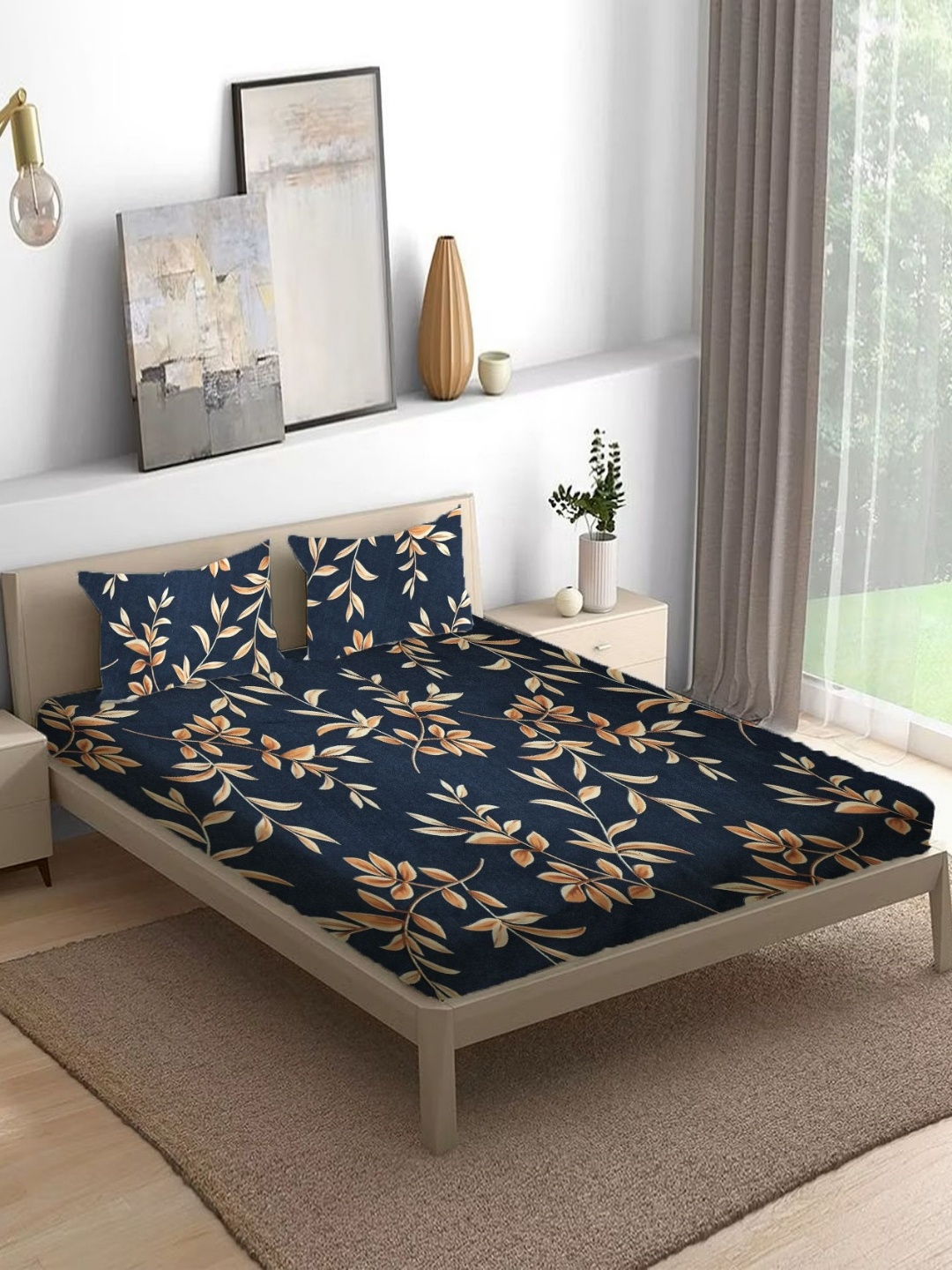 

THE little BIG STORE Blue Floral Printed Cotton 300 TC Queen Bedsheet Set 1.98m x 1.82m