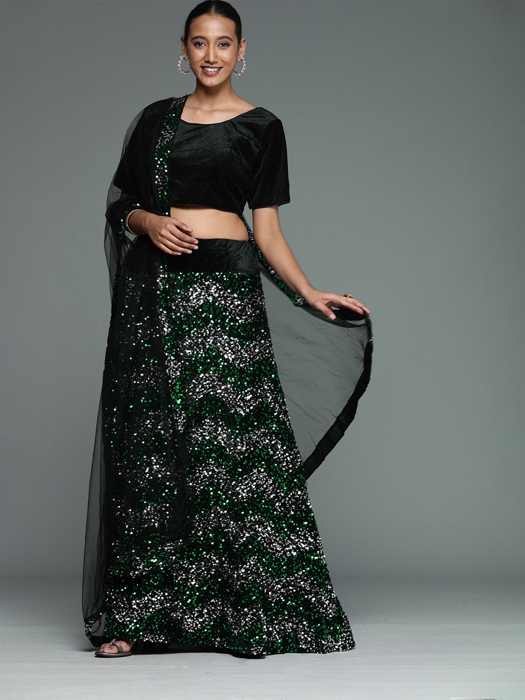 

Maroosh Embellished Sequinned Unstitched Lehenga & Blouse With Dupatta, Silver
