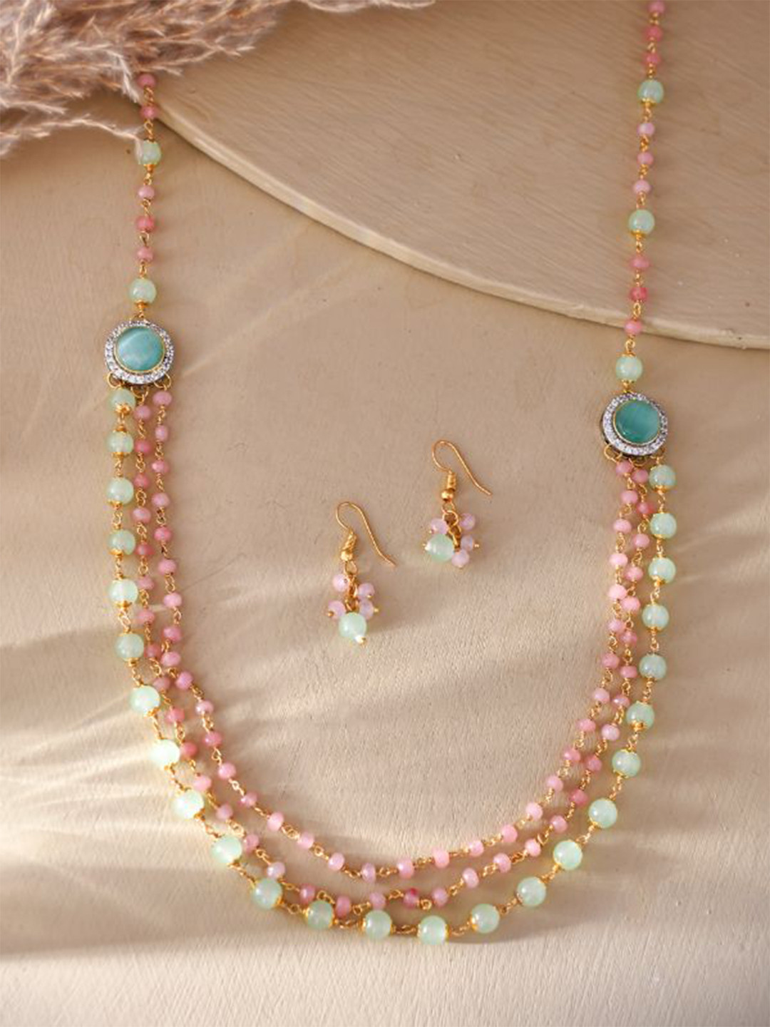 

DASTOOR Brass-Plated Stone-Studded & Beaded Necklace & Earrings, White