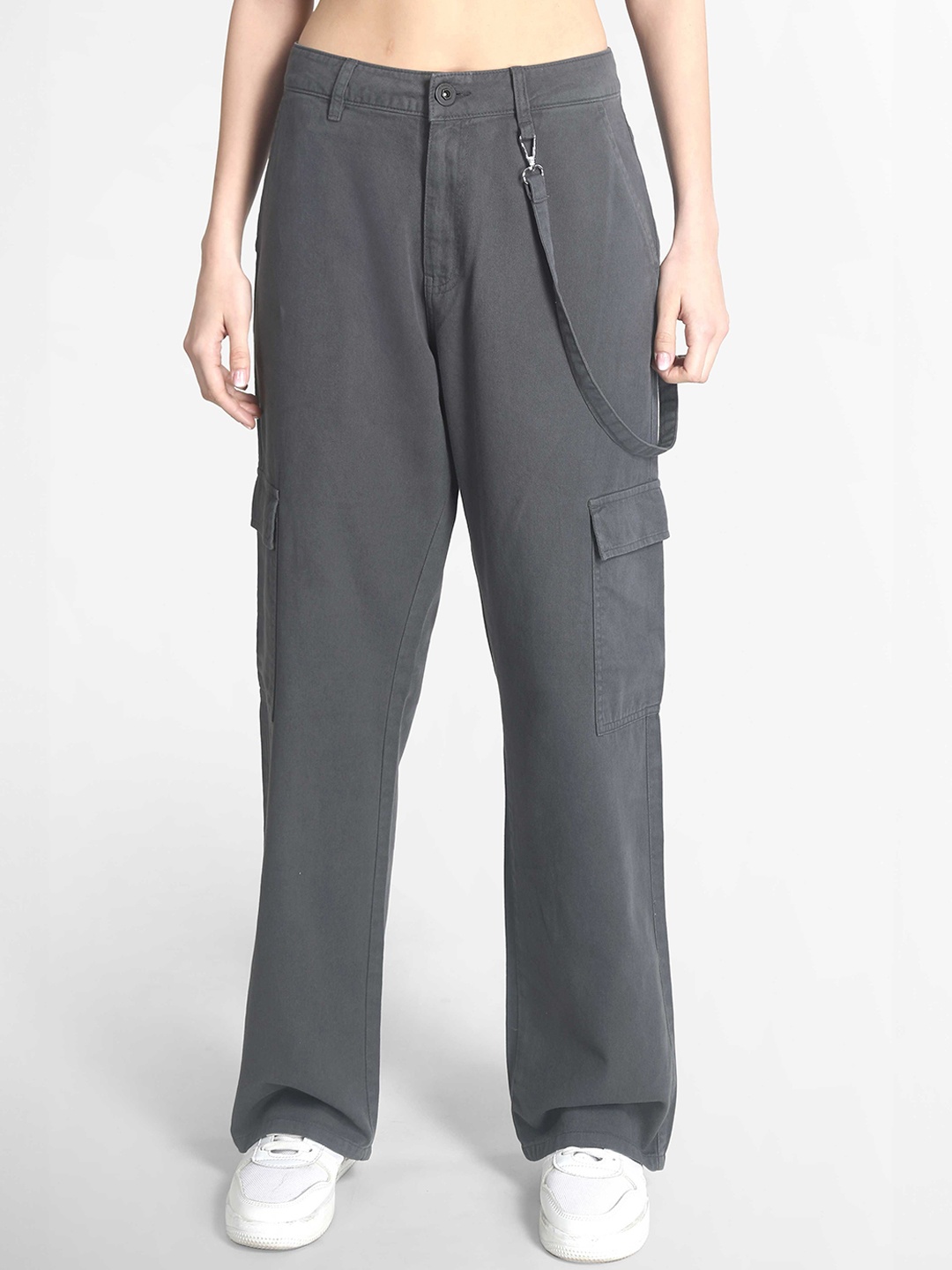 

Roadster Women Pure Cotton High-Rise Straight-Fit Cargo Trousers, Grey