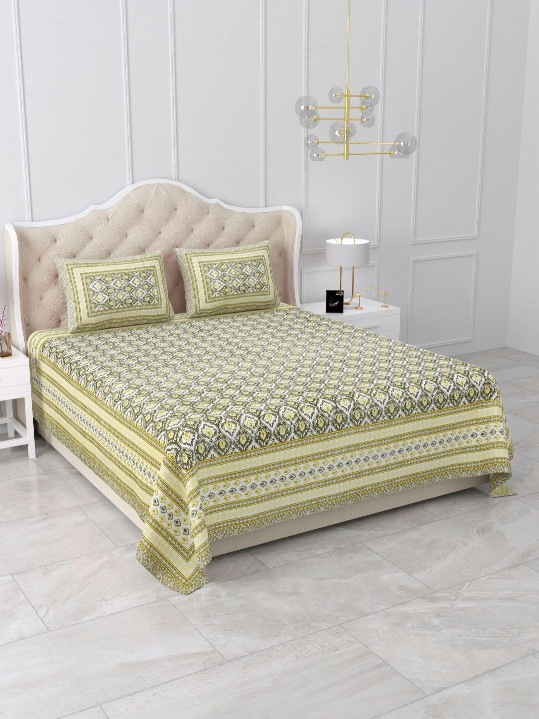 

Qfab Yellow Ethnic Motifs 220 TC Queen Bedsheet with 2 Pillow Covers 1.83 m x 1.98 m