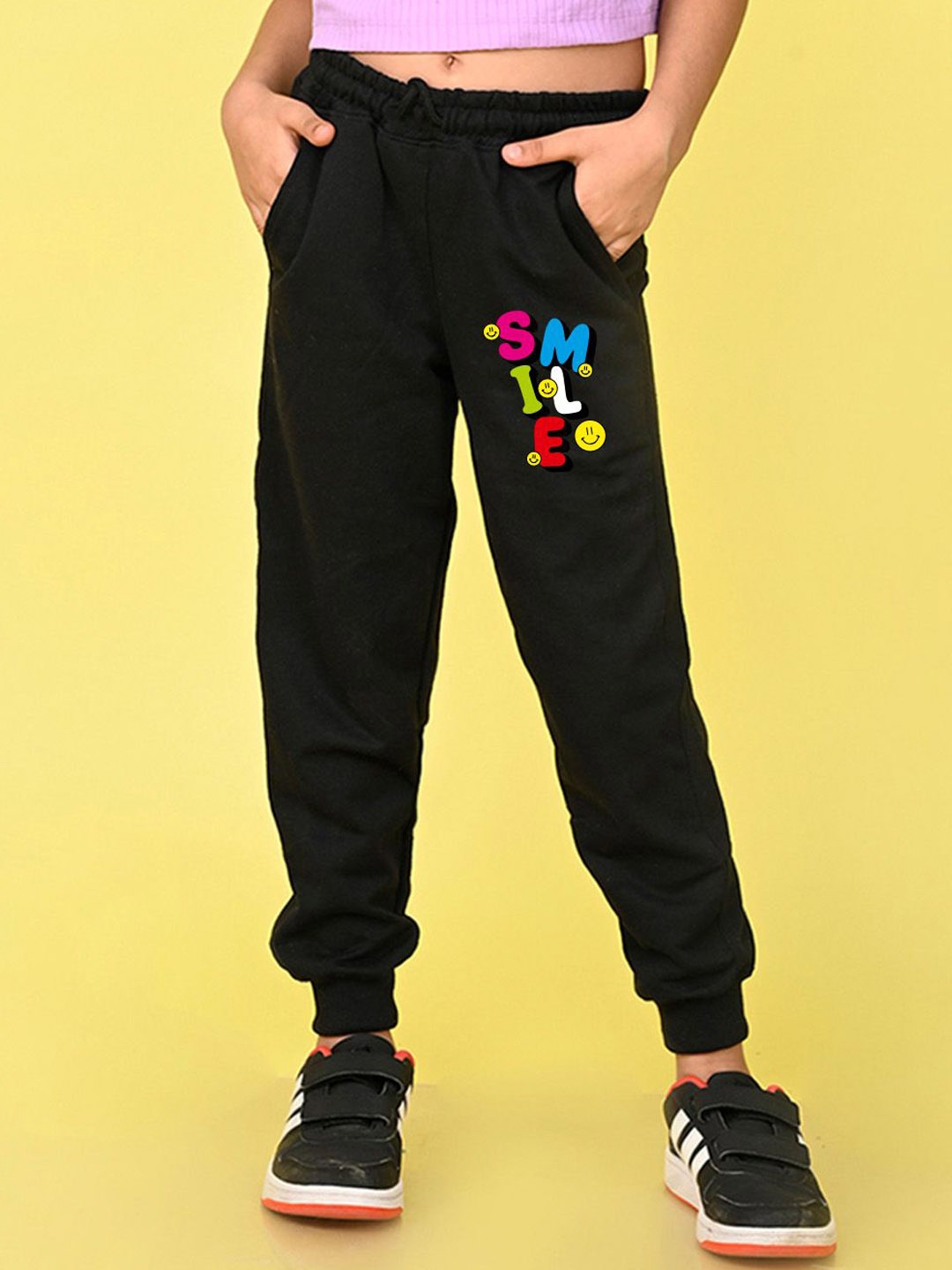 

NUSYL Girls Typography Printed Full Length Mid Rise Joggers, Black