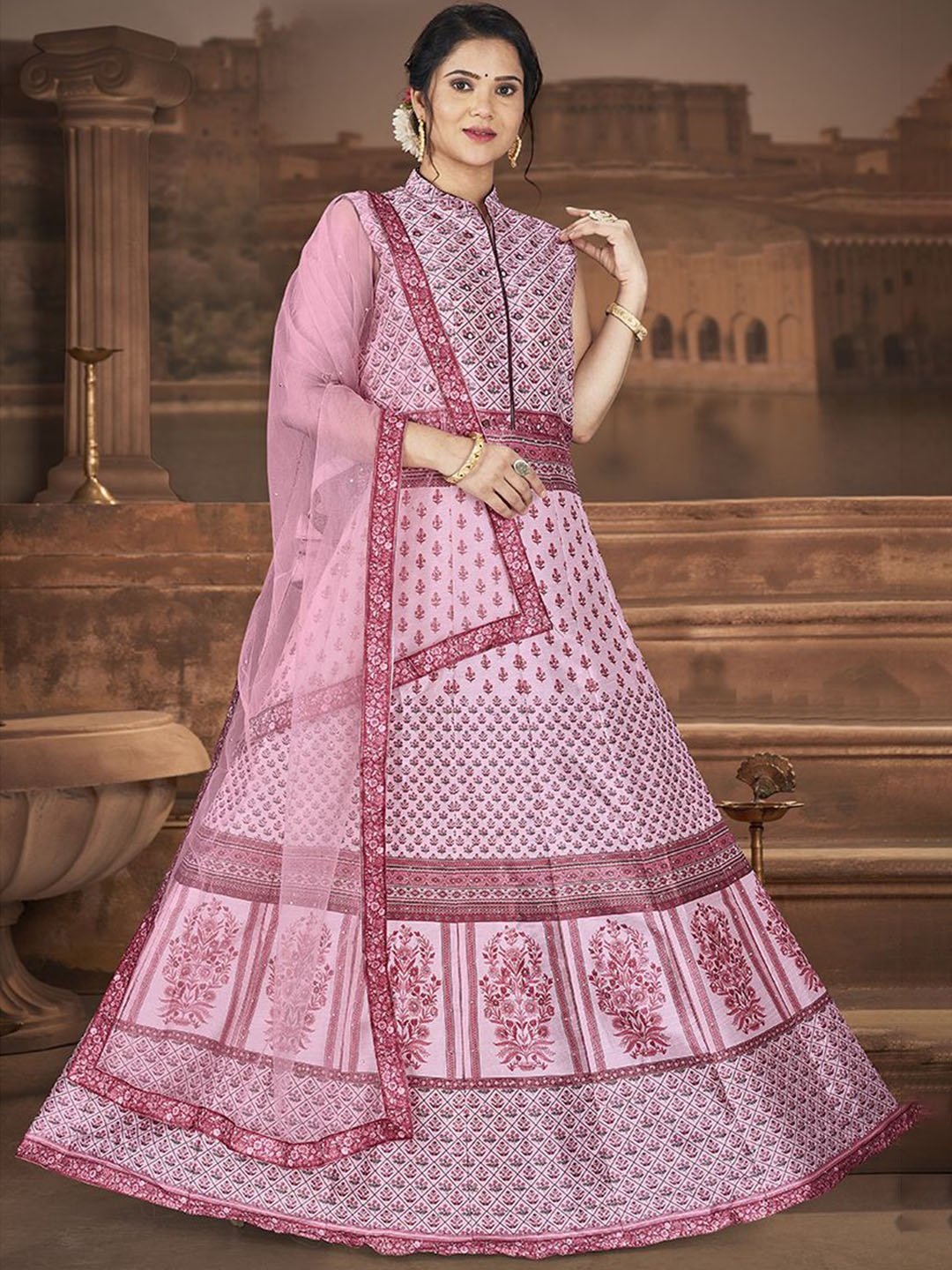

Krimmple Women Ethnic Motifs Printed Fit & Flared Maxi Ethnic Dress With Dupatta, Pink