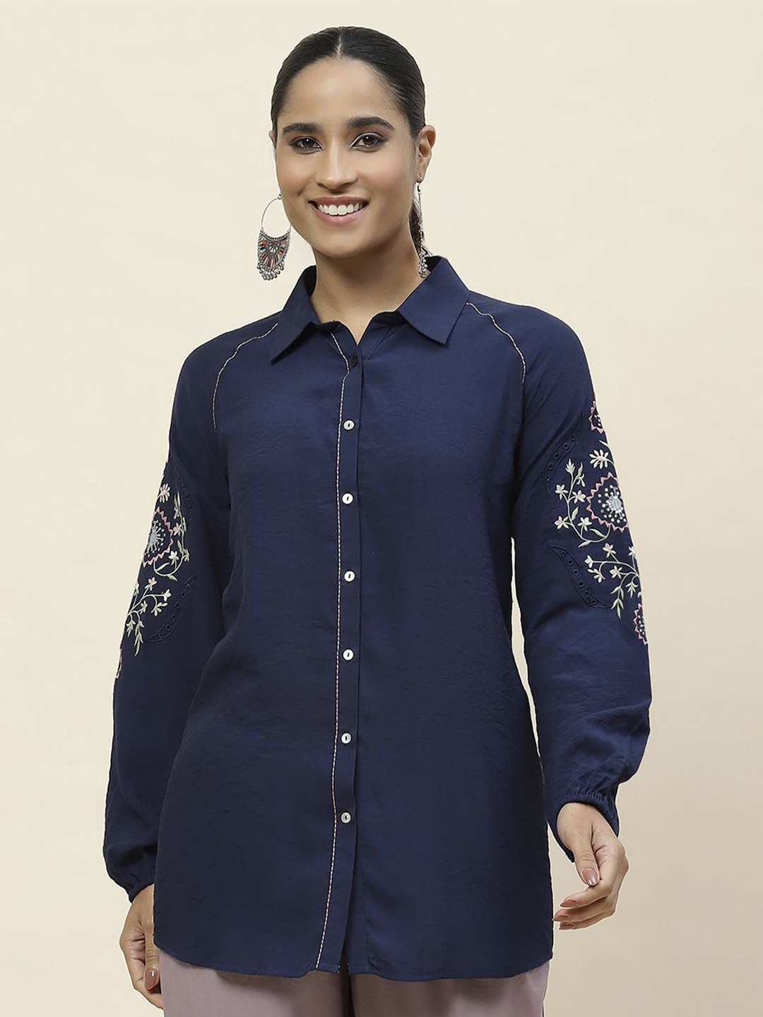 

Lakshita Women Classic Spread Collar Solid Linen Casual Shirt, Navy blue