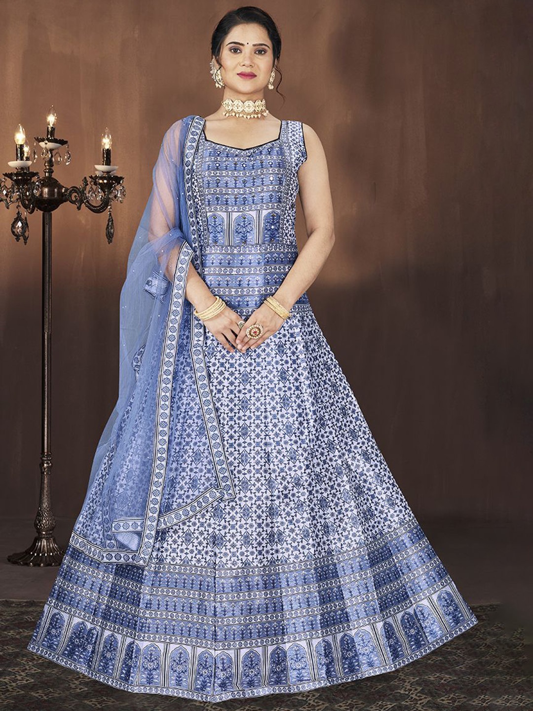 

Krimmple Women Sweetheart Neck Printed Fit & Flared Maxi Ethnic Dress With Dupatta, Blue