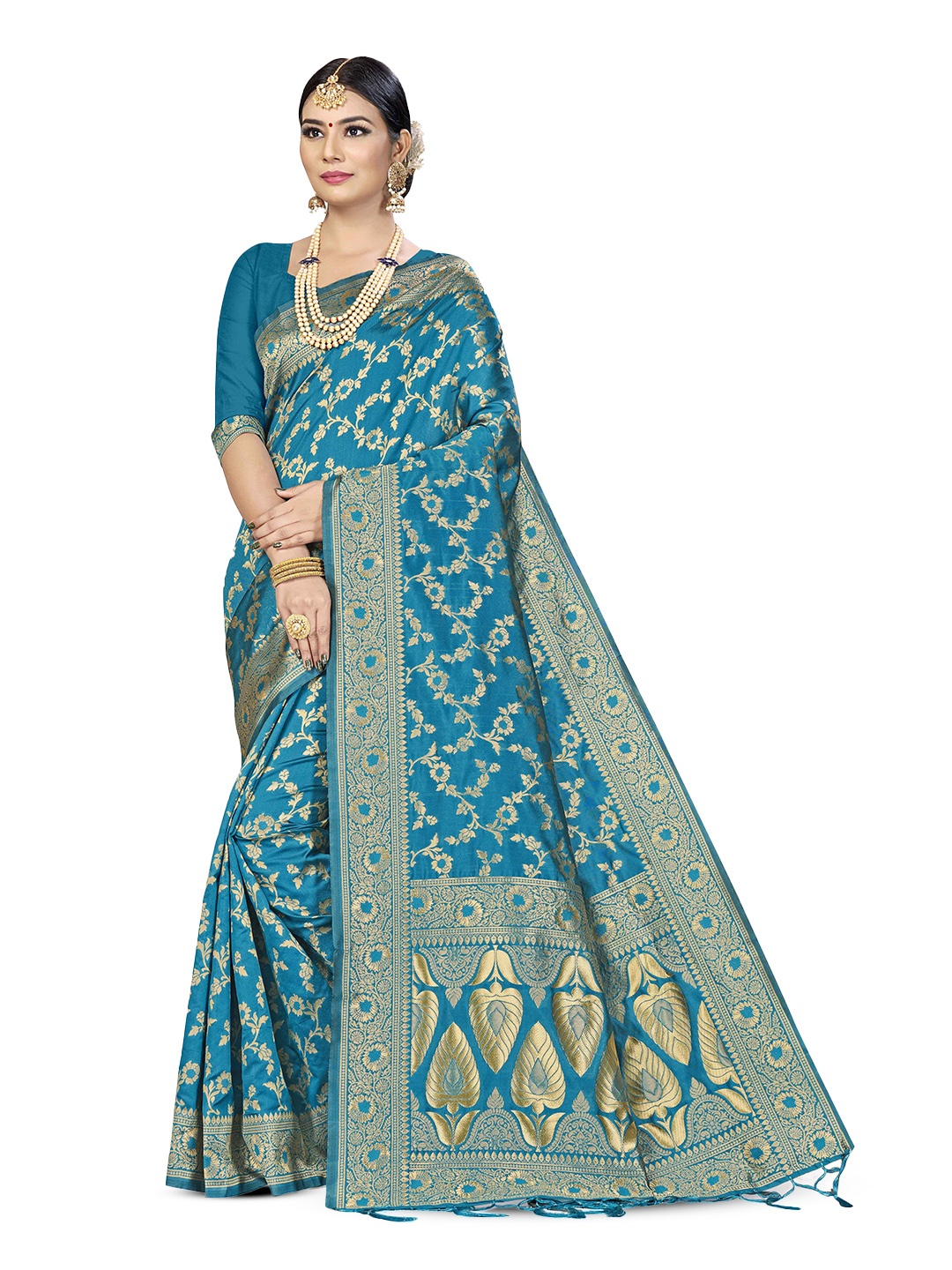 

Maroosh Floral Zari Banarasi Saree, Turquoise blue