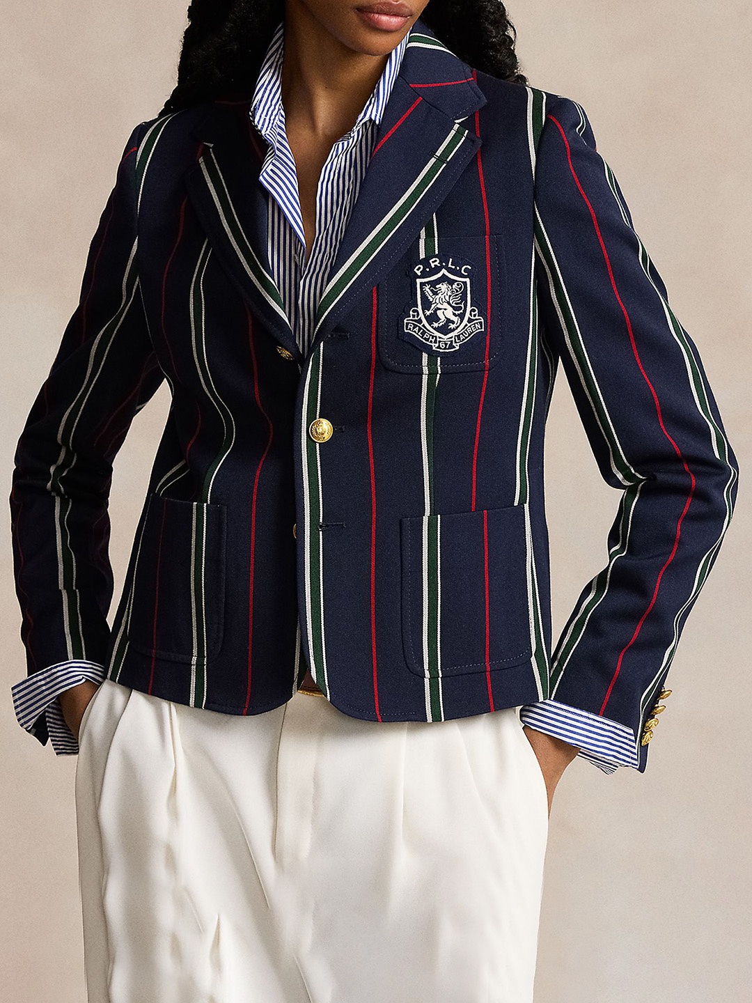 

Polo Ralph Lauren Women Striped Cotton Single Breasted Blazers, Navy blue