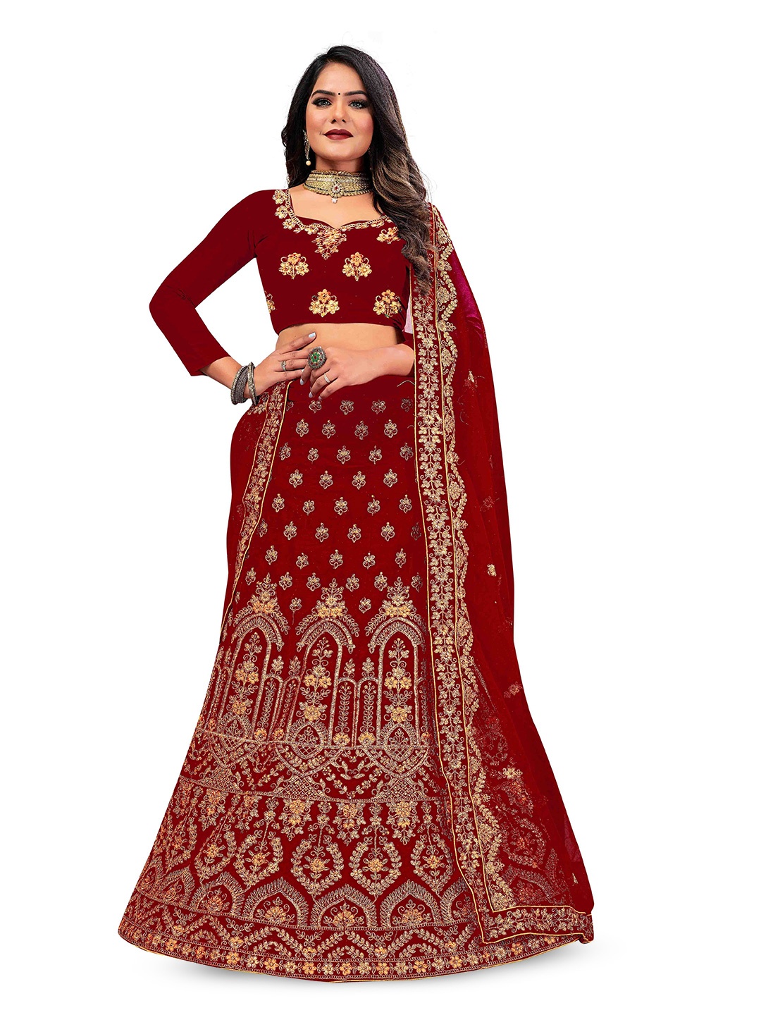 

Maroosh Embellished Thread Work Unstitched Lehenga & Blouse With Dupatta, Maroon