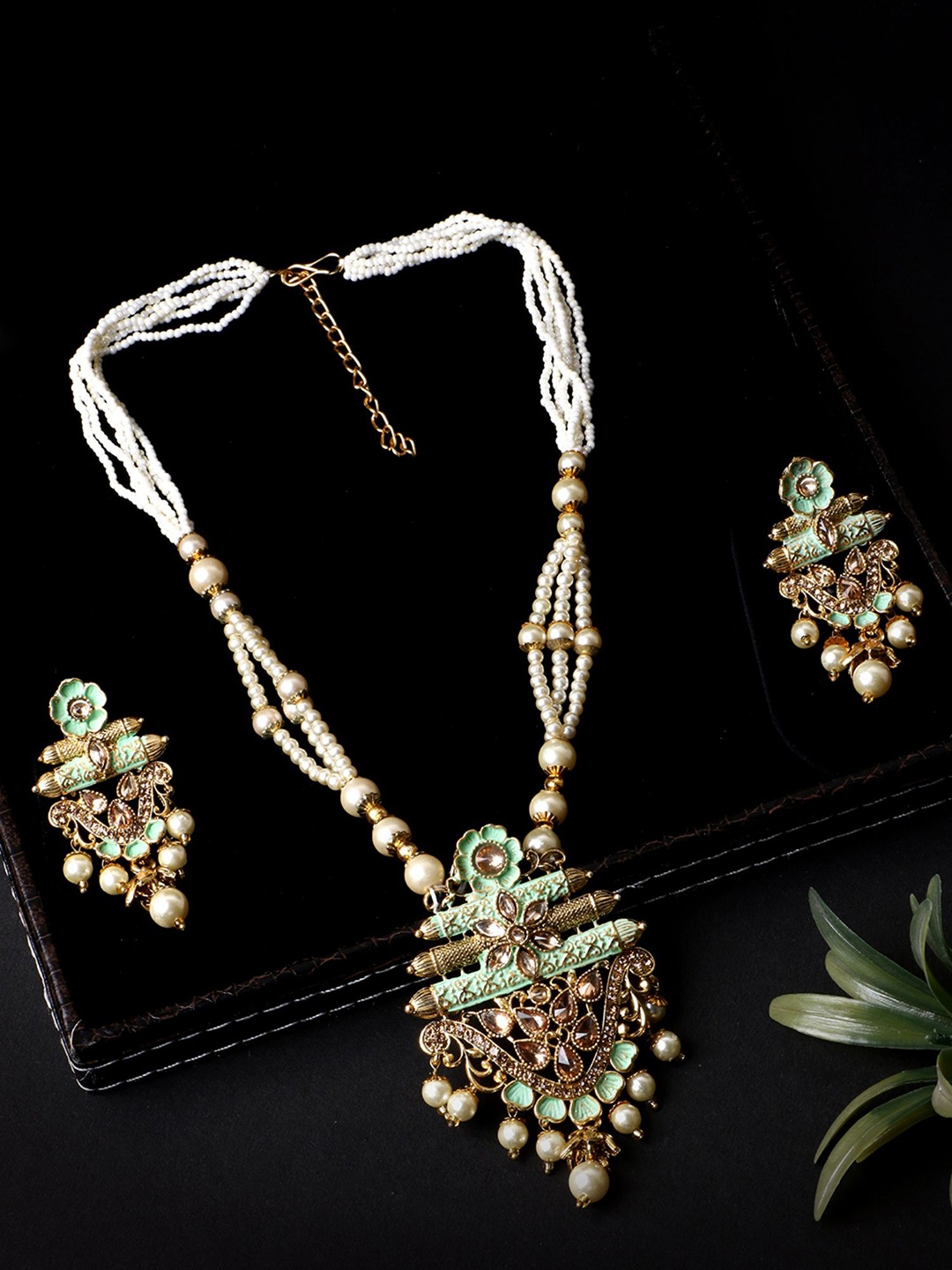 

ANIKAS CREATION Gold-Plated Stone-Studded & Beaded Meenakari Jewellery Set