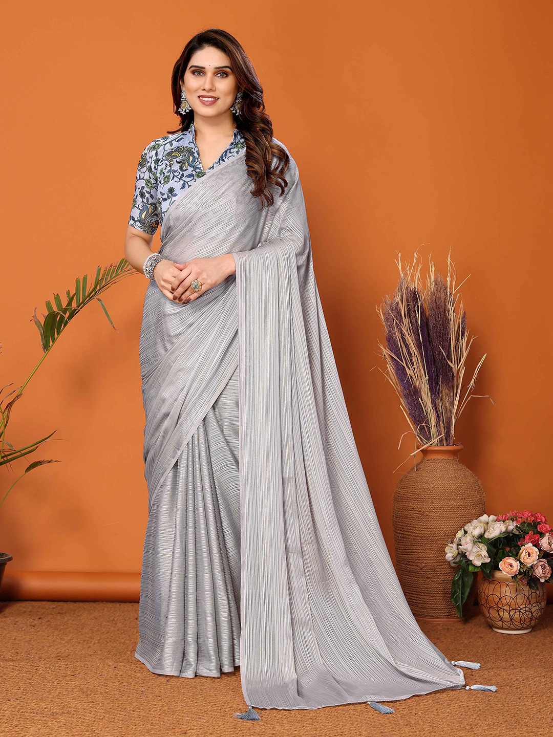 

Shee Star Striped Saree, Grey
