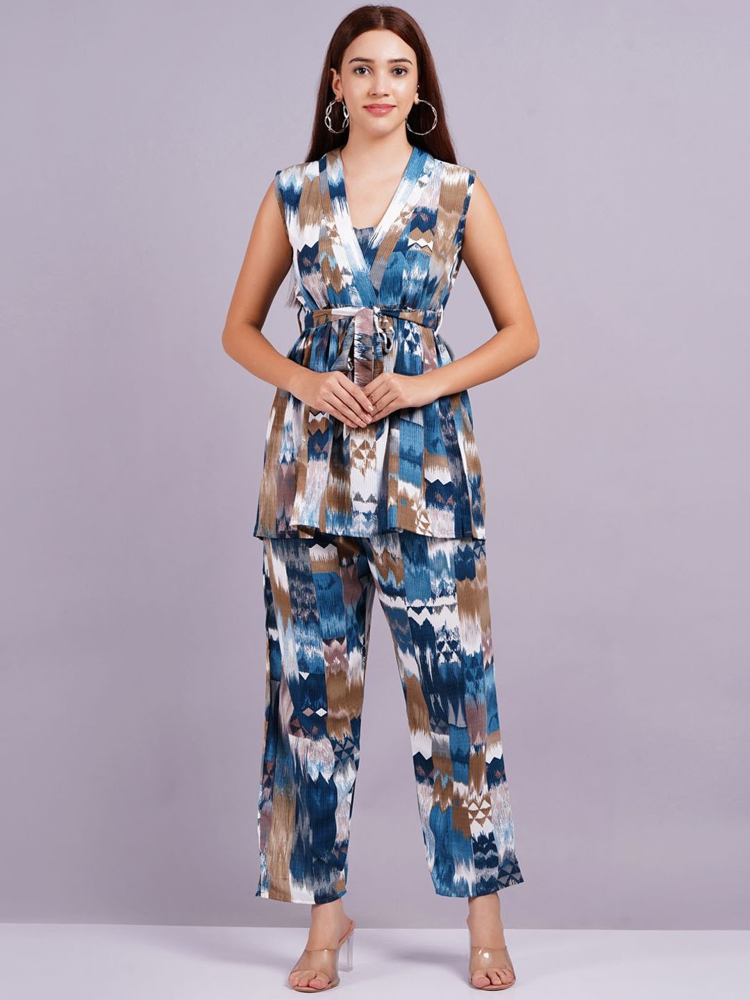 

JC4U Abstract Printed V-Neck Pure Cotton Top With Trouser Co-Ords, Blue