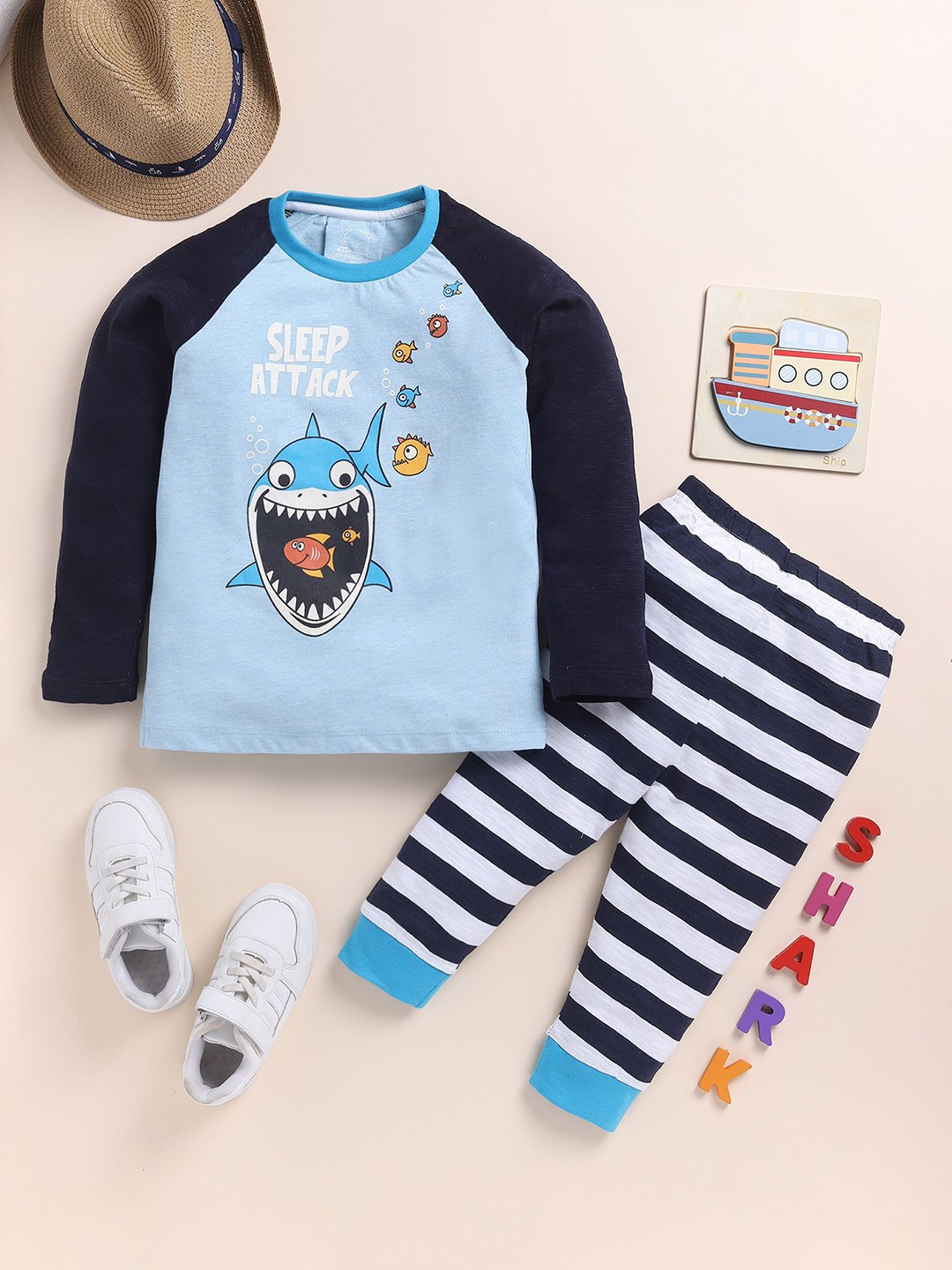 

YK Boys Graphic Printed Pure Cotton Night suit, Blue