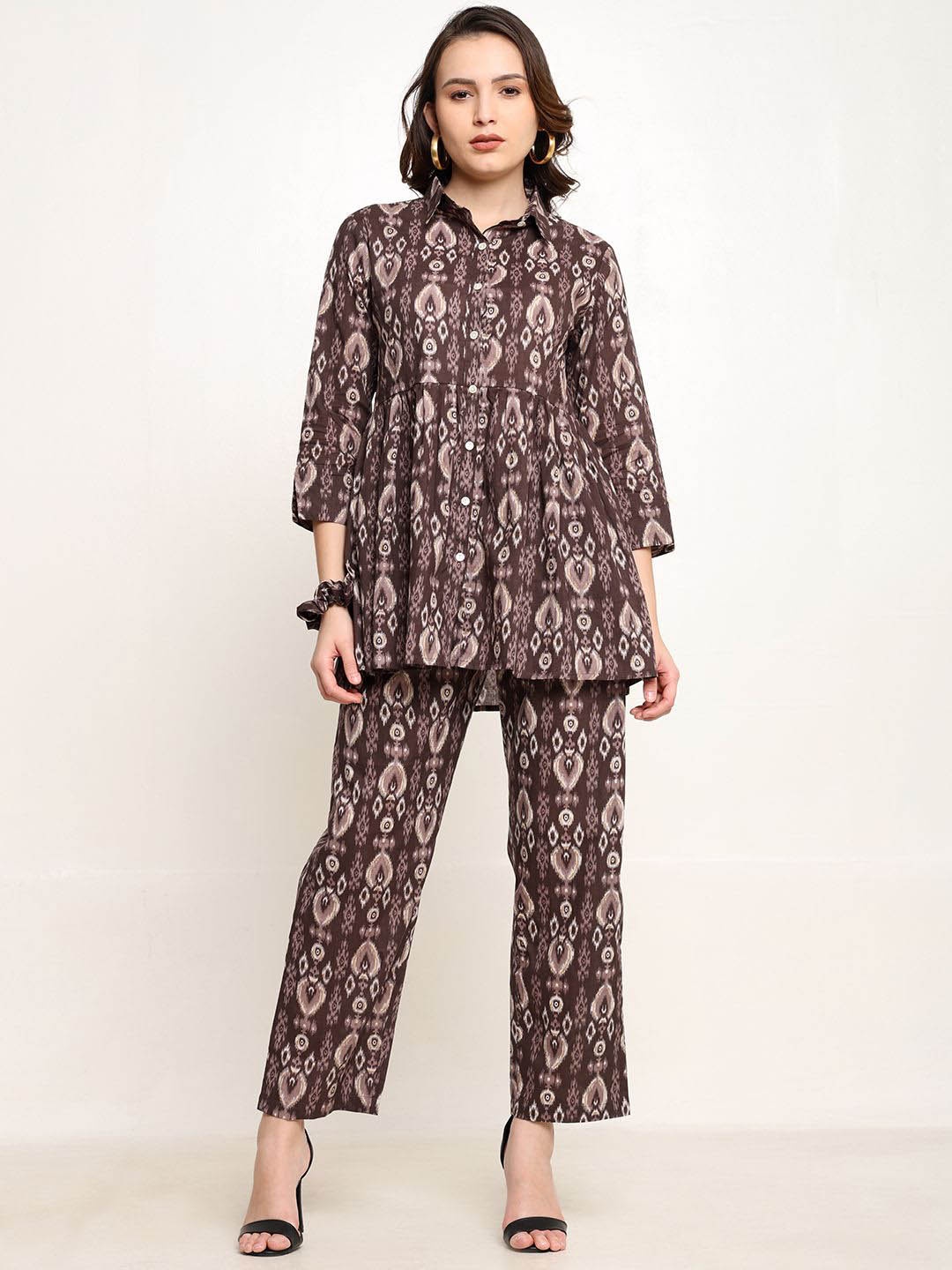 

CORDSET Ethnic Motifs Printed Pure Cotton Tunic With Trouser, Brown