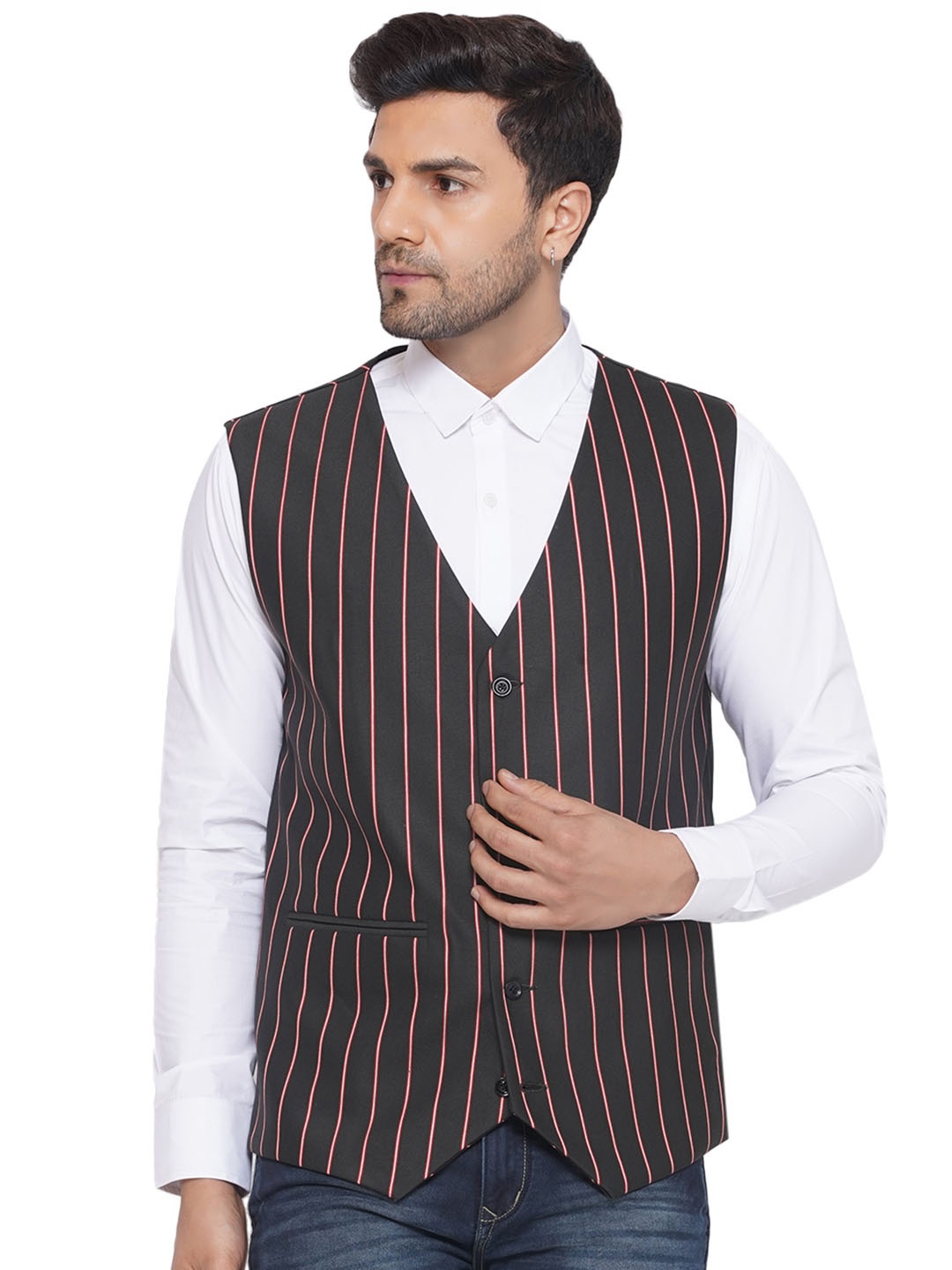 

VEERA PARIDHAAN Striped Slim-Fit Waistcoat, Black