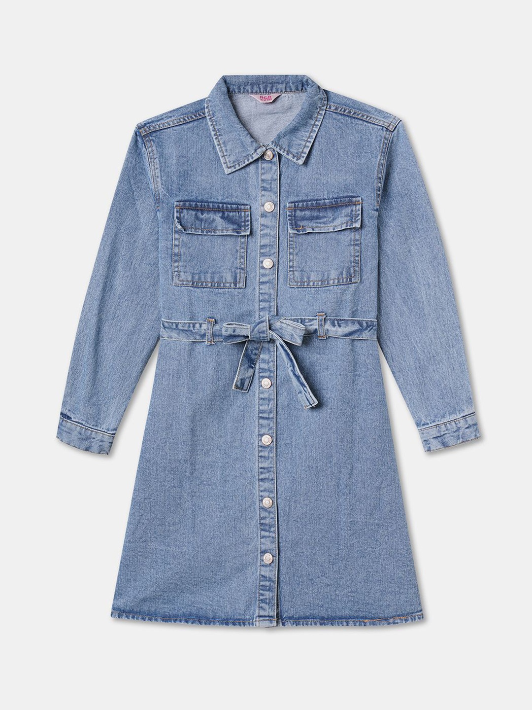 

R&B Girls Shirt Collar Cuffed Sleeves Denim Shirt Dress, Blue