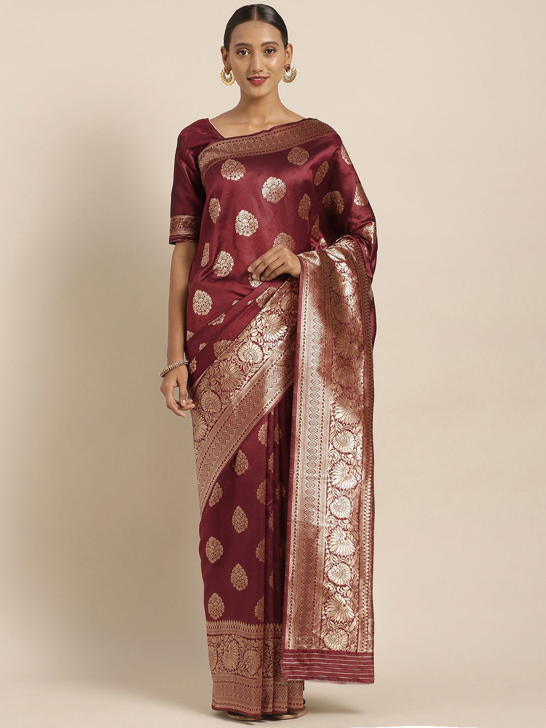 

Maroosh Women Ethnic Motifs Maroon Banarasi Saree
