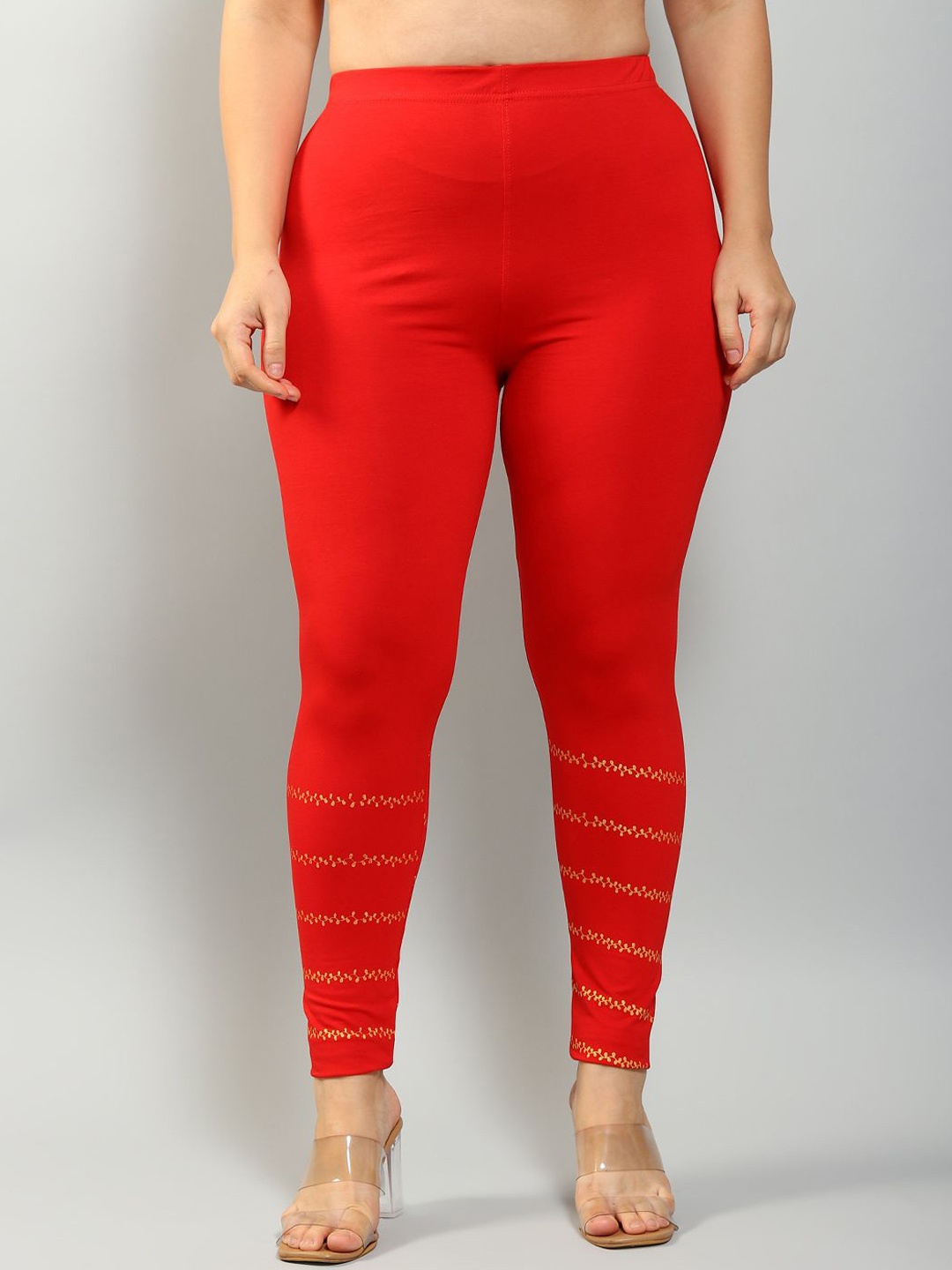 

Plus Size Printed Cotton Mid-Rise Ankle-Length Leggings, Red