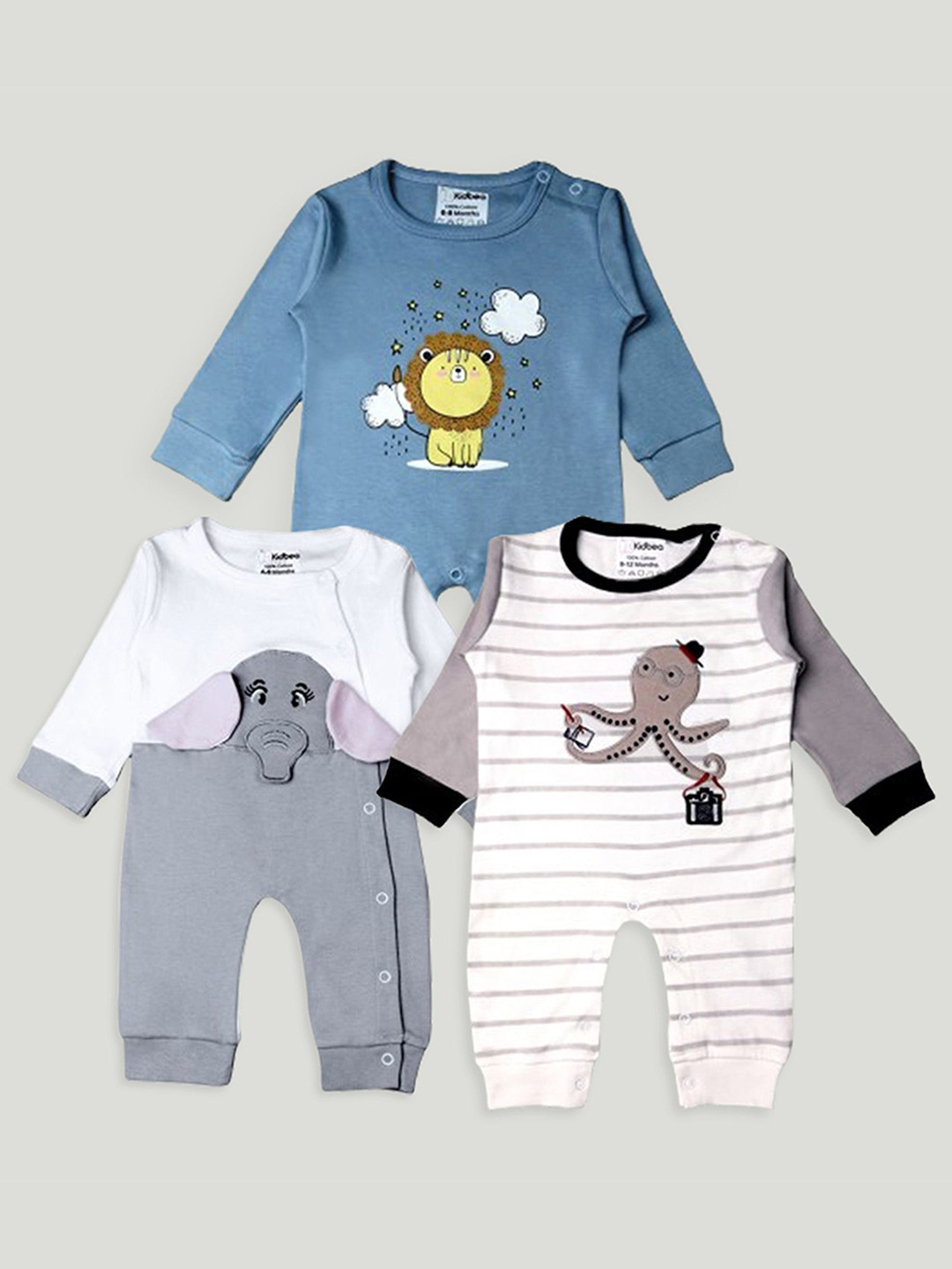 

Kidbea Infants Unisex Pack Of 3 Printed Organic Cotton Rompers, Grey