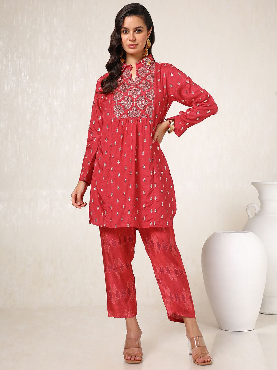 

Soch Floral Embroidered Shirt Collar Neck Long Sleeves Tunic With Trouser, Red