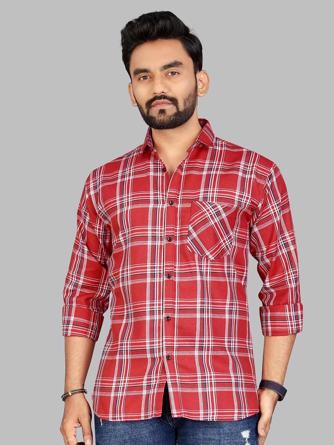 

ADWYN PETER Men Classic Fit Tartan Checks Cotton Casual Shirt, Red