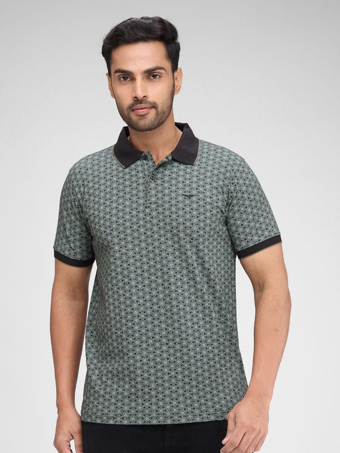 

Park Avenue Men Geometric Printed Polo Collar Cotton T-shirt, Green