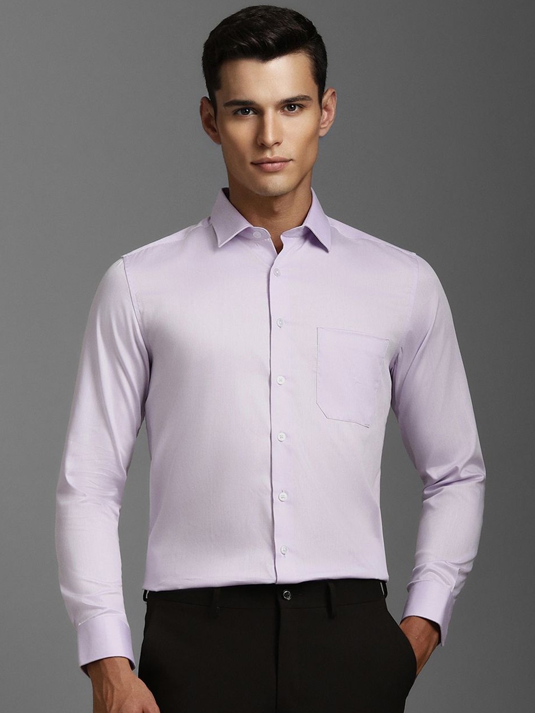 

Louis Philippe Men Spread Collar Solid Cotton Slim Fit Formal Shirt, Lavender