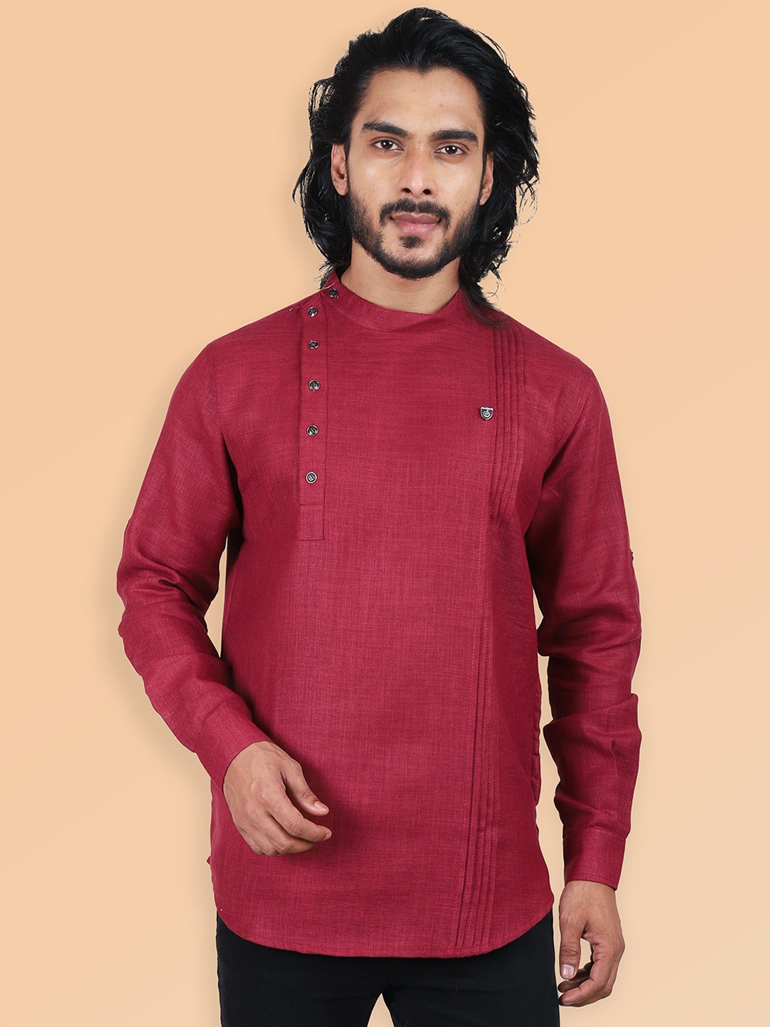 

ETHNIC FACTORY Men Patchwork Pathani Kurta, Maroon