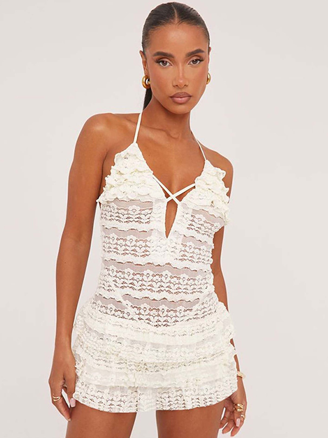 

LULU & SKY Women Tie-up Backless Lace Halter Neck Playsuit, White