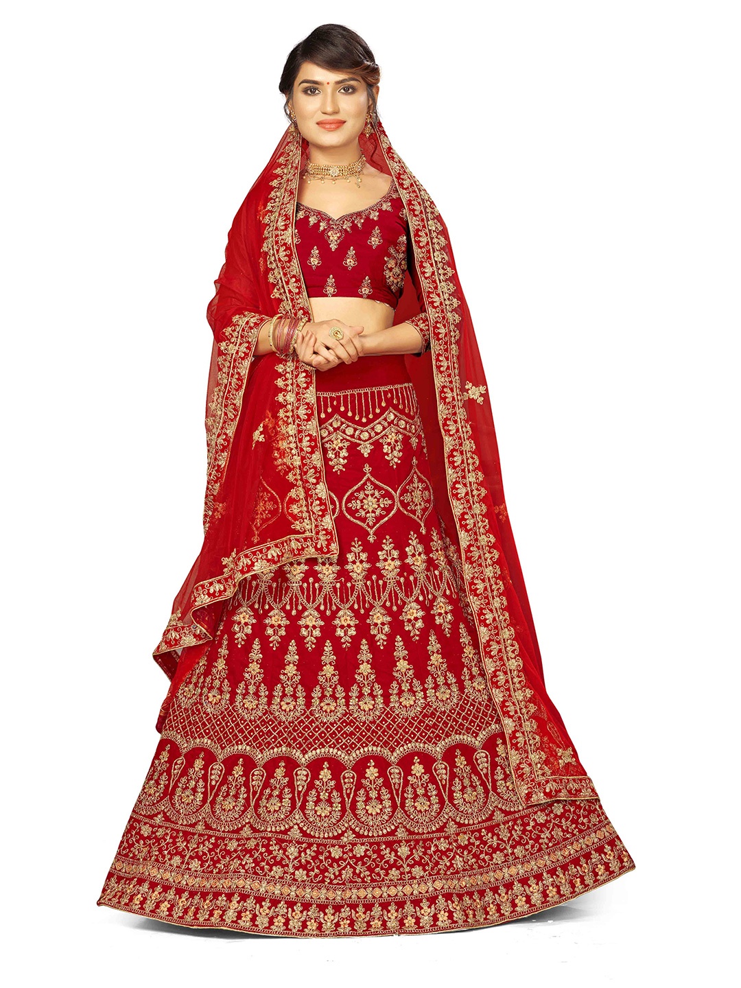 

Maroosh Embroidered Thread Work Unstitched Lehenga & Blouse With Dupatta, Red