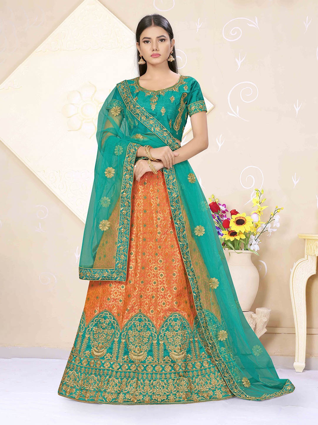 

Maroosh Embroidered Thread Work Unstitched Lehenga & Blouse With Dupatta, Orange