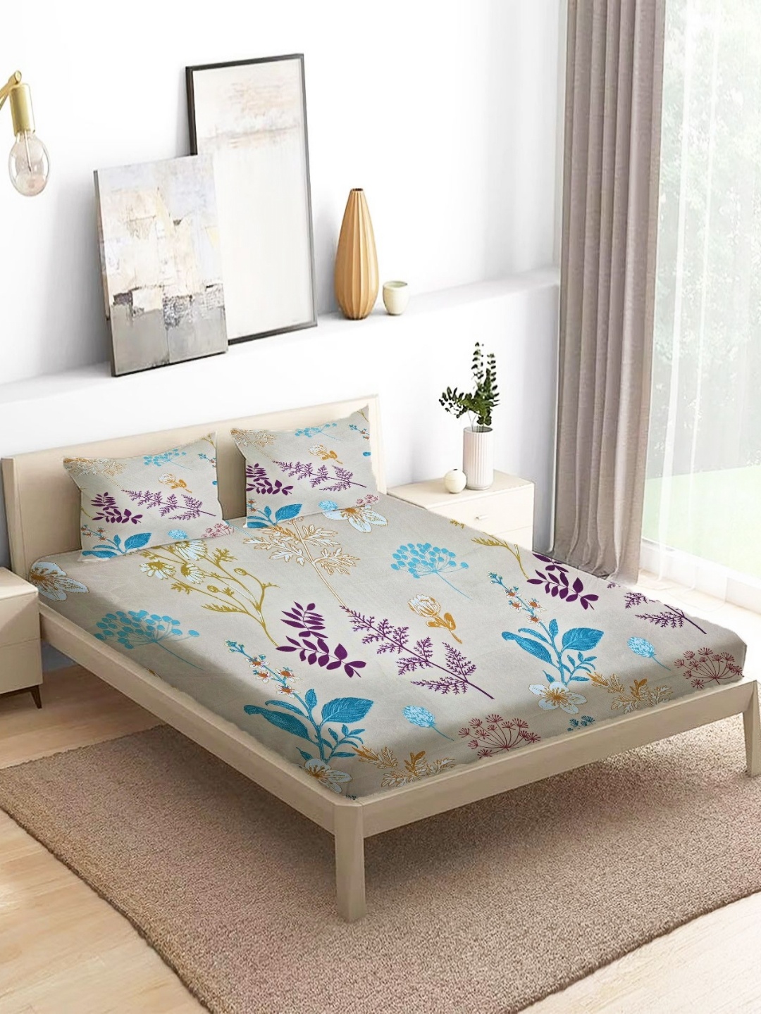 

THE little BIG STORE Beige Floral Printed Cotton 300 TC Queen Bedsheet Set 1.98m x 1.82m