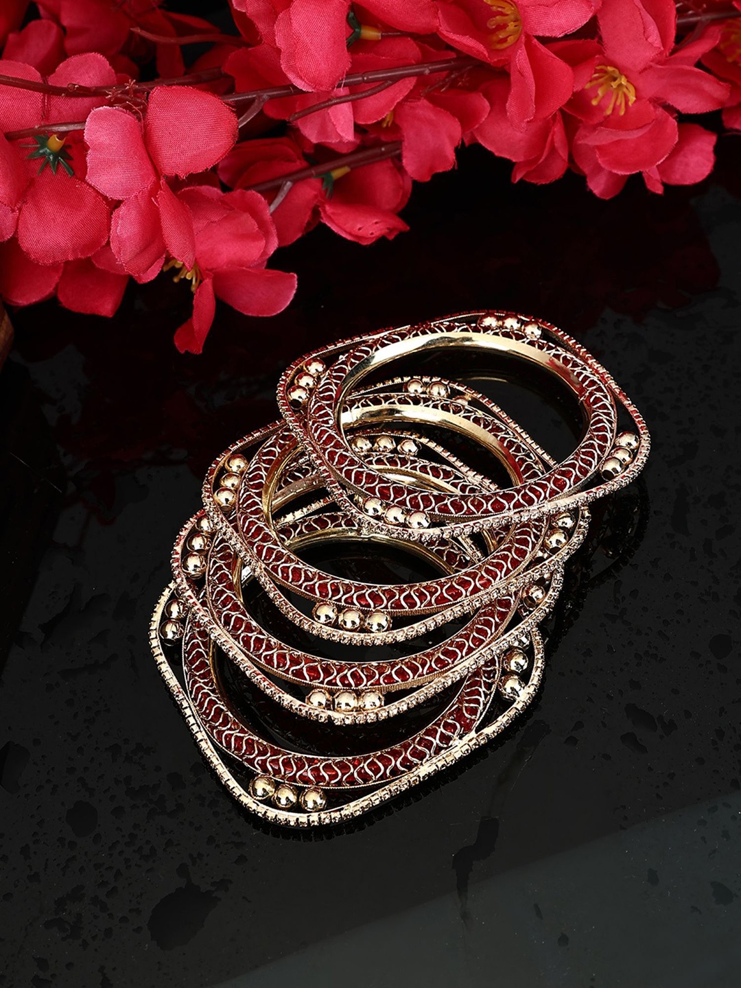 

ANIKAS CREATION Set Of 4 Rose Gold-Plated CZ Stone-Studded Bangles