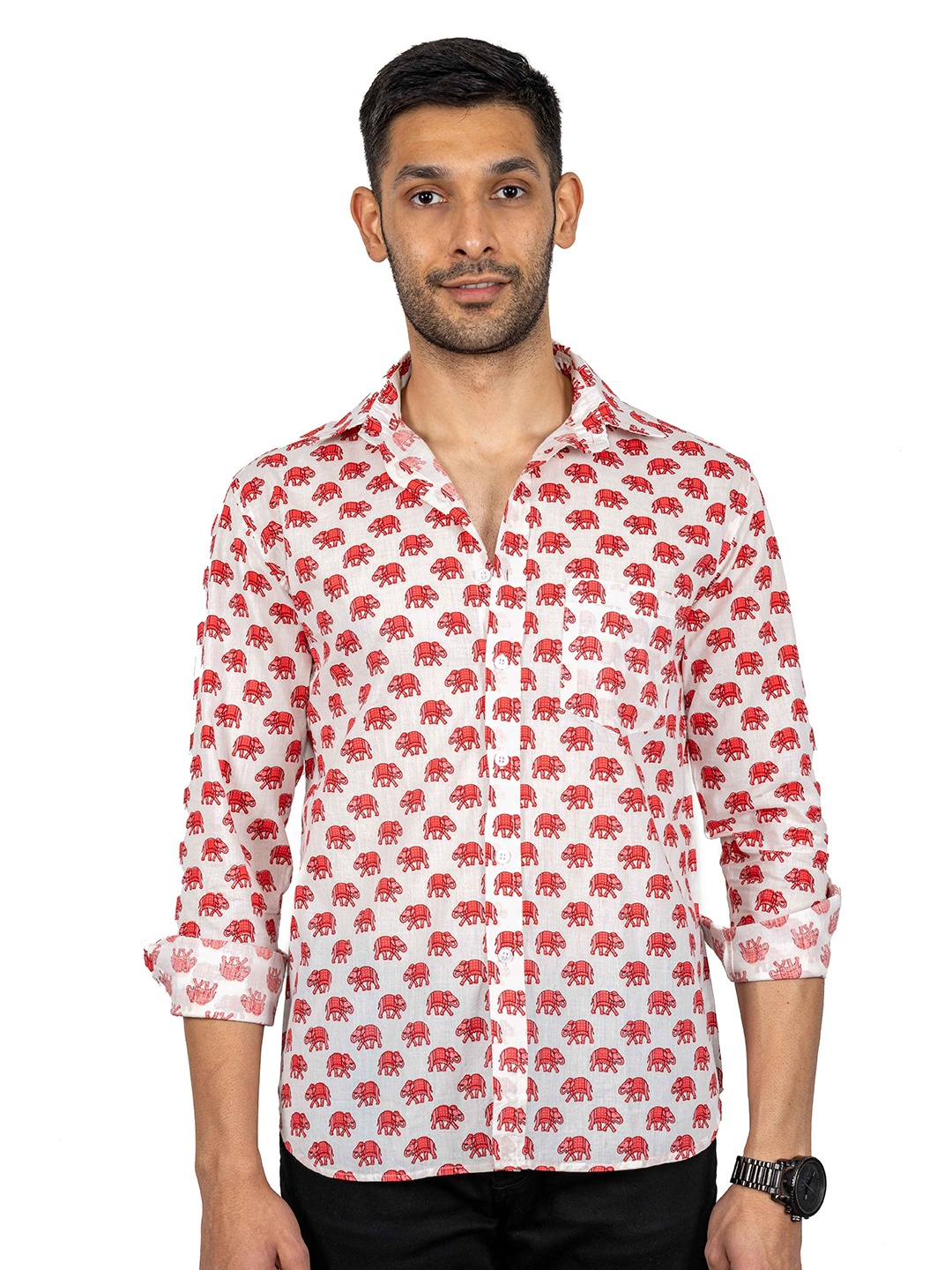 

OnlyMenGrooming Men Modern Spread Collar Conversational Printed Cotton Casual Shirt, White