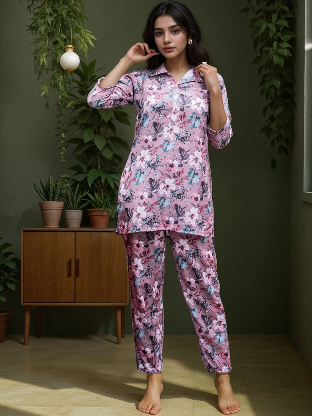 

P3D CREATION Floral Printed Pure Cotton Tunic with Trousers, Pink