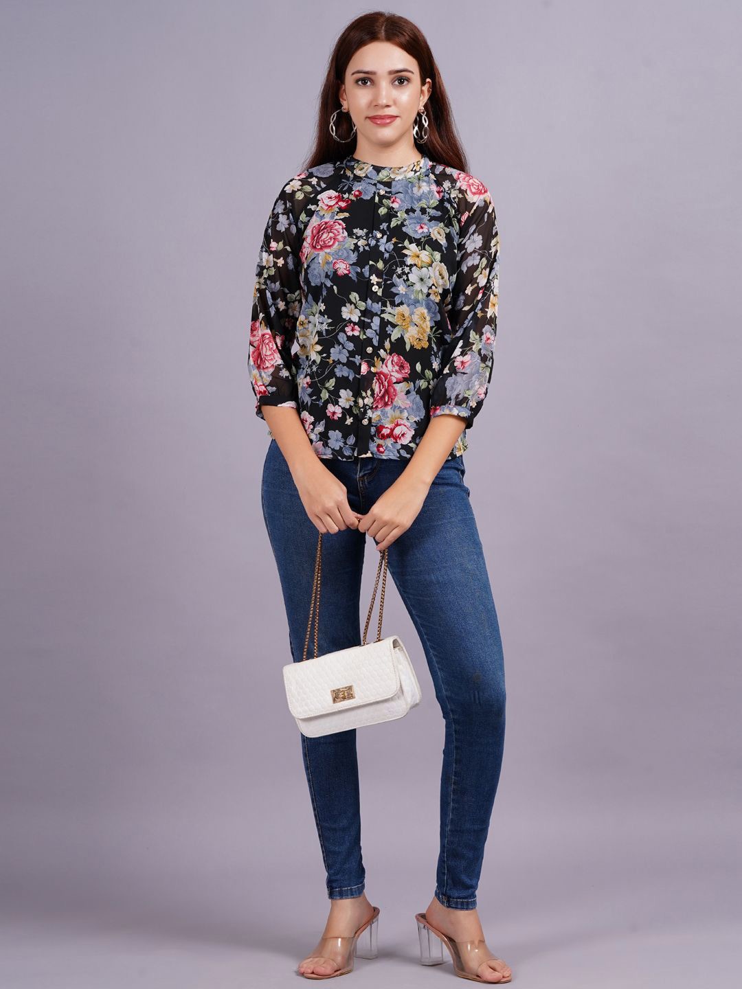 

KALINI Women Floral Printed High Neck Top, Black