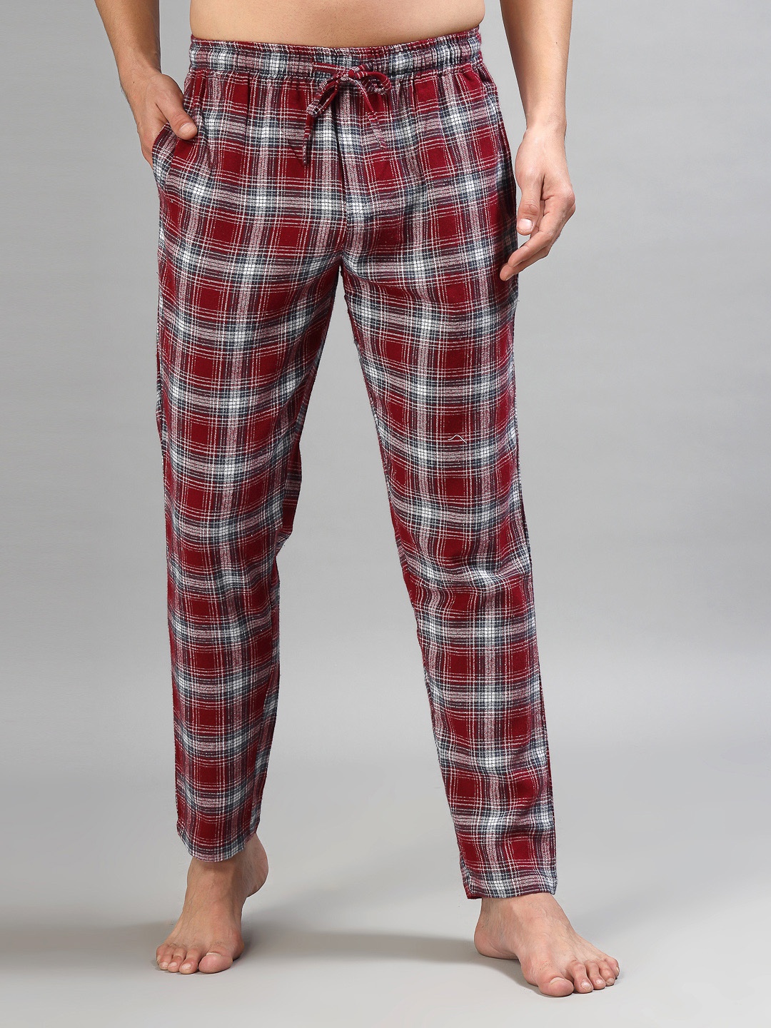 

ETC Men Checked Pure Cotton Mid-Rise Lounge Pants, Red