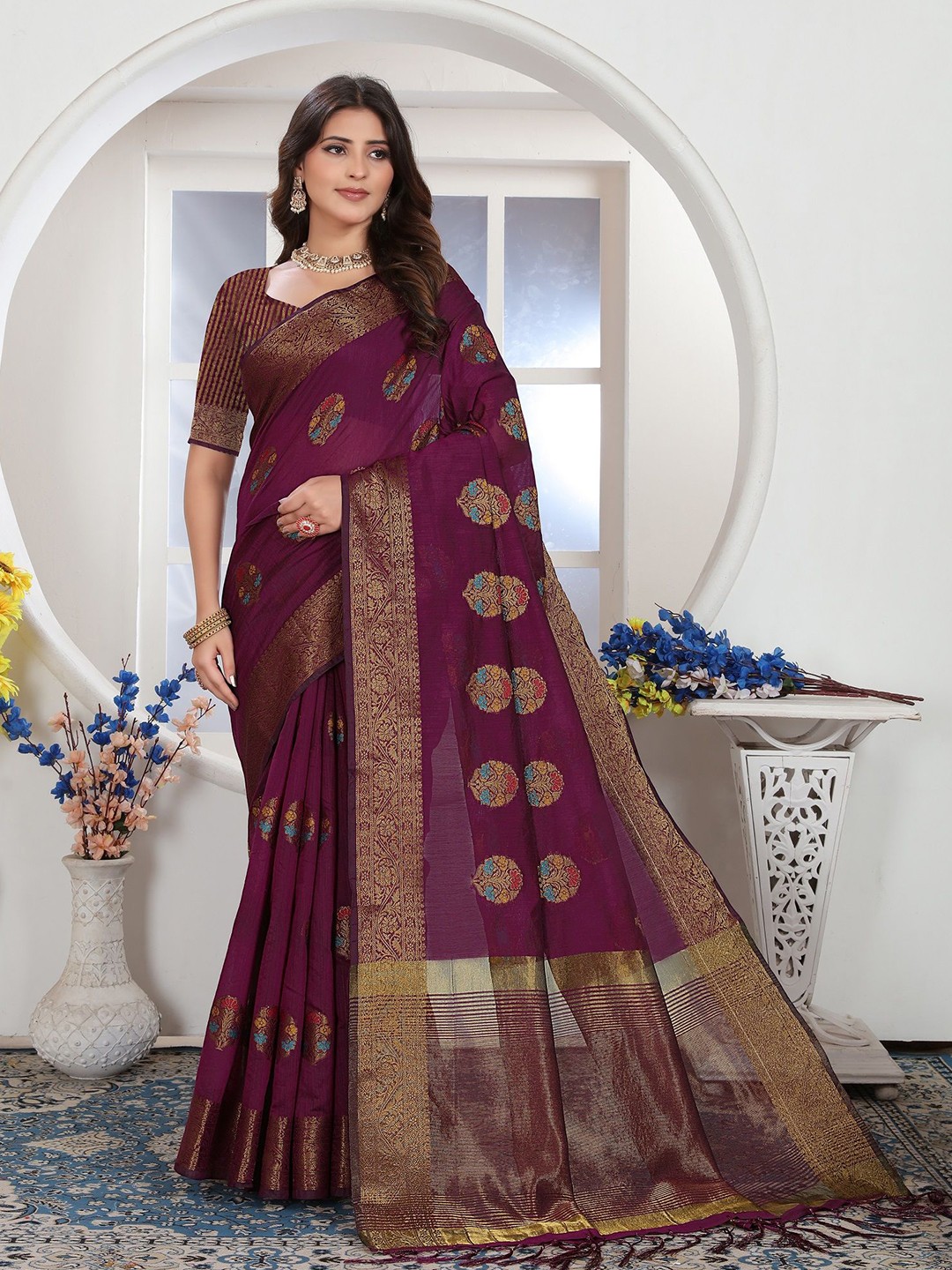 

MAHALASA Ethnic Motifs Woven Design Pure Cotton Saree, Purple