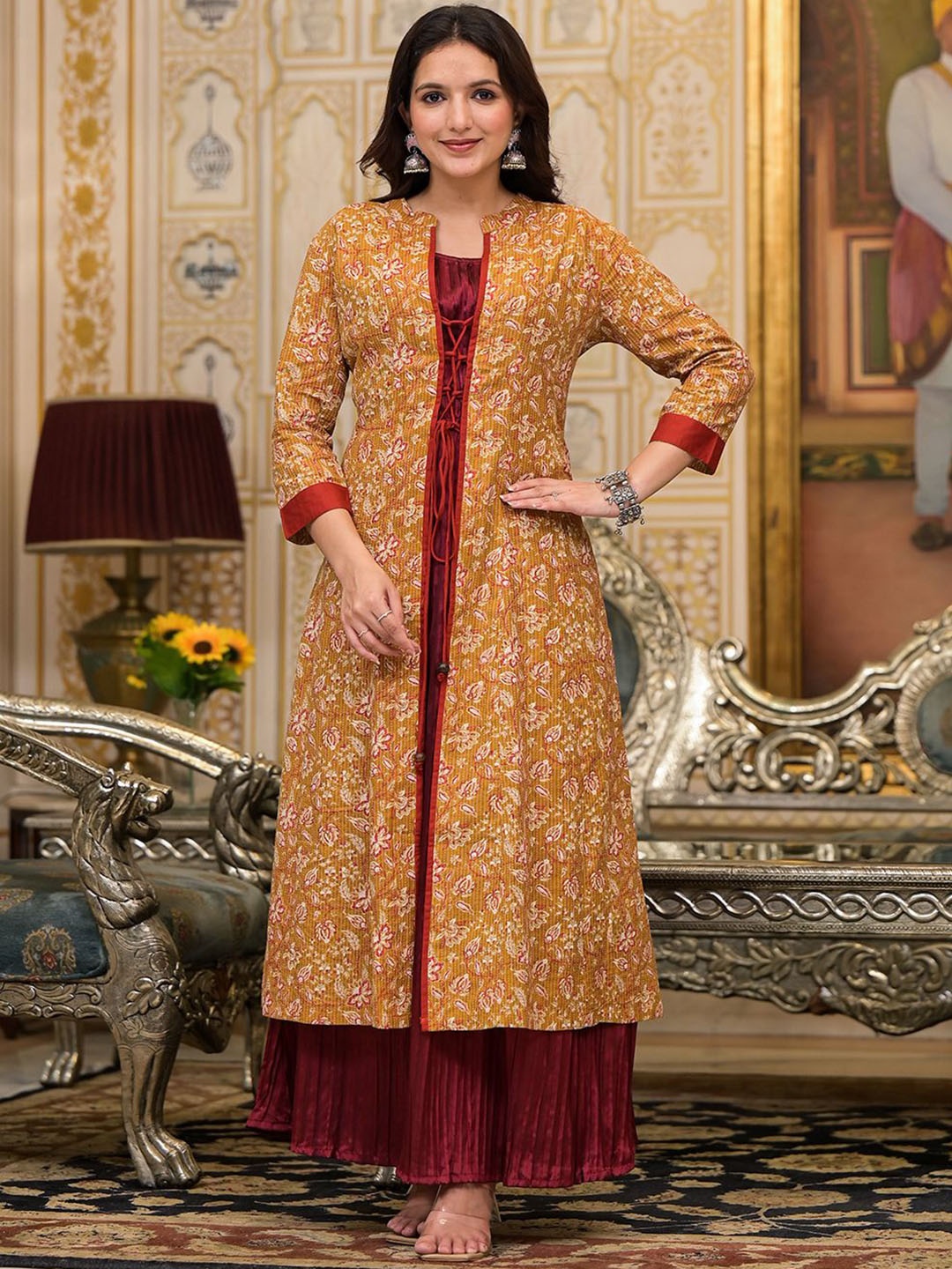 

AKS Couture Women Maxi Ethnic Dress With Printed Jacket, Mustard