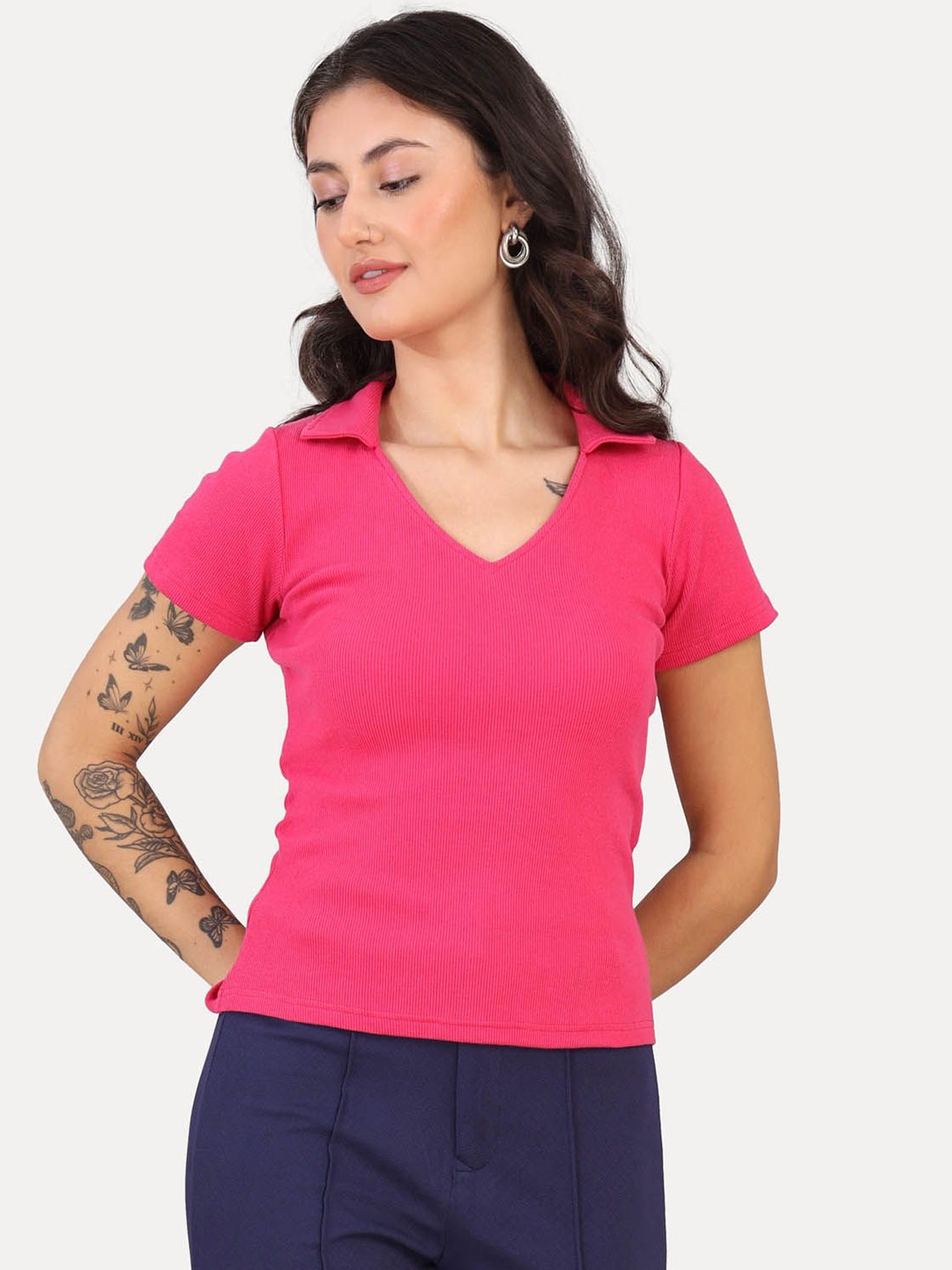 

VISO Women Solid Shirt Collar Top, Pink