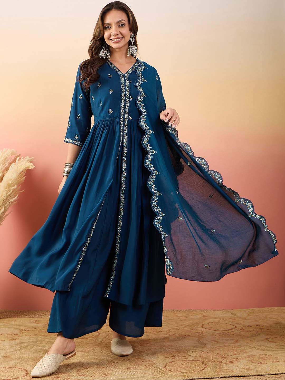 

Krimmple Women Ethnic Motifs Yoke Design Regular Pure Silk Kurti Set With Dupatta, Blue