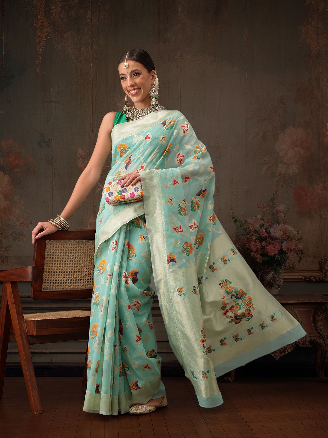 

Silk Land Ethnic Motifs Woven Design Zari Pure Cotton Saree, Teal