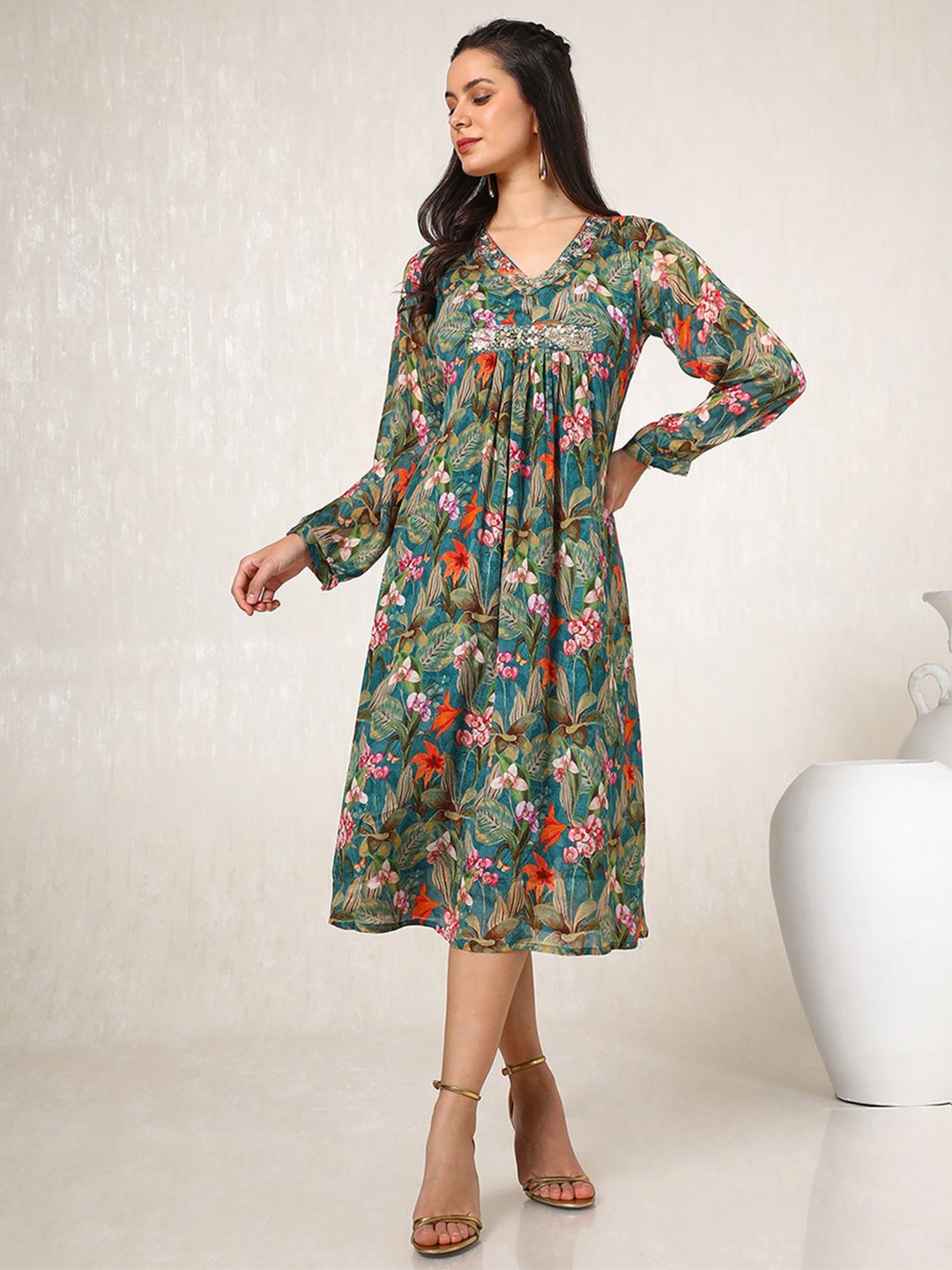 

Soch Women Floral Print Empire Midi Dress, Teal