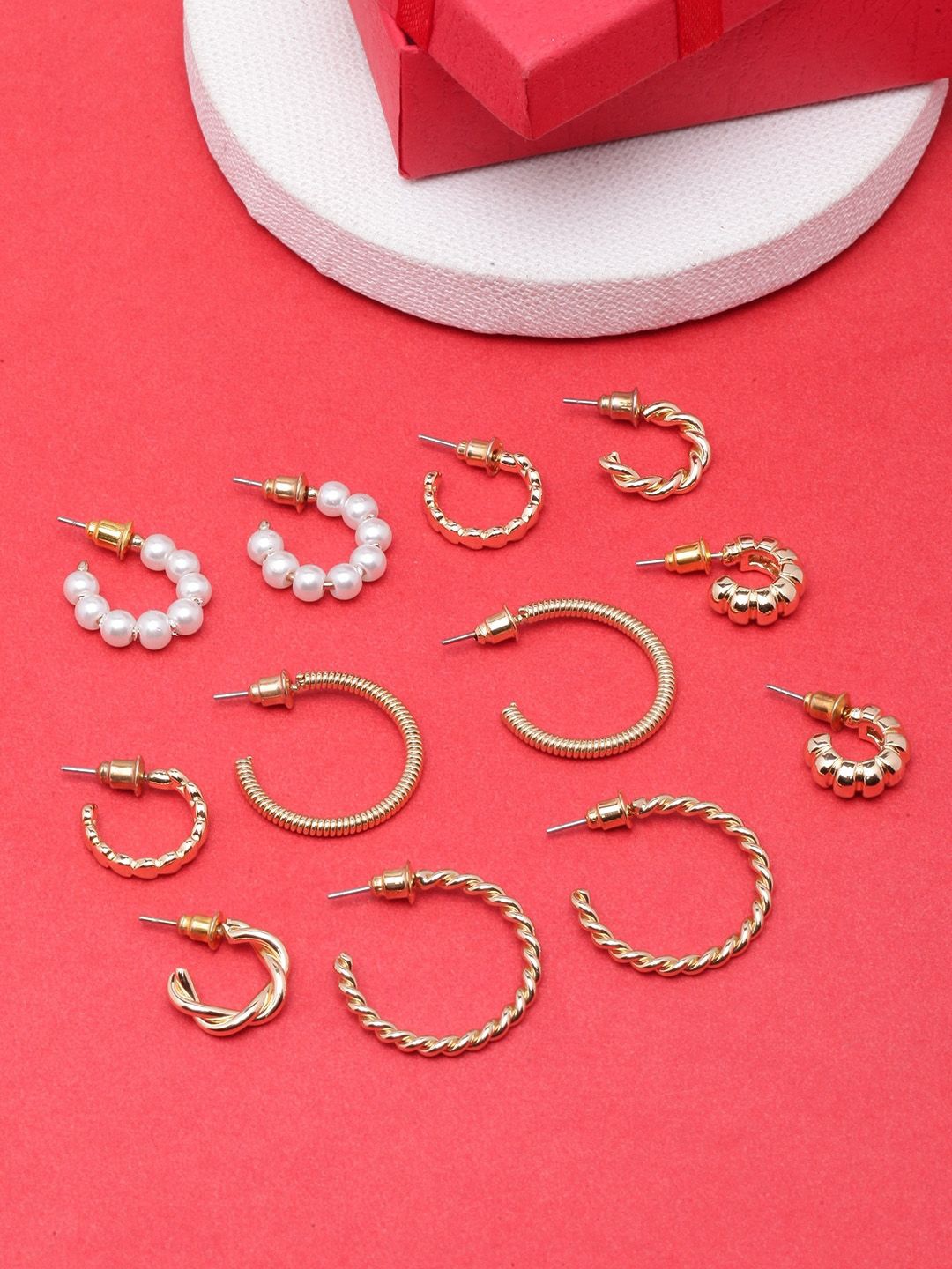 

KPOP Set Of 6 Gold Plated Pearl Circular Half Hoop Earrings