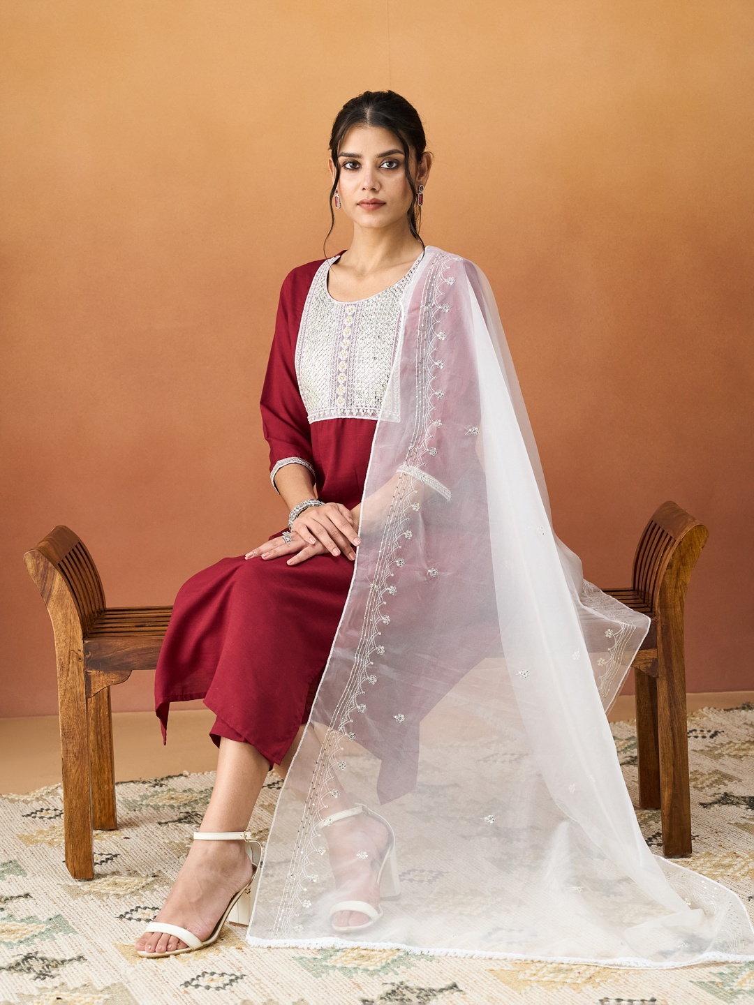 

HRITIKA Women Ethnic Motifs Regular Beads and Stones Kurta with Trousers & Dupatta, Maroon