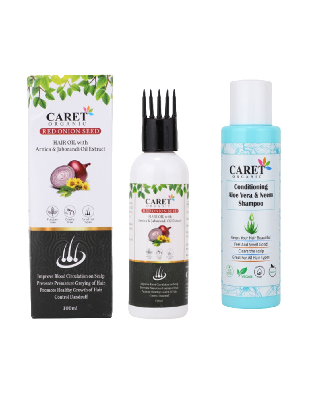 

CARET ORGANIC Red Onion Seed Hair Oil With Conditioning Aloe Vera Shampoo - 100 ml Each, White