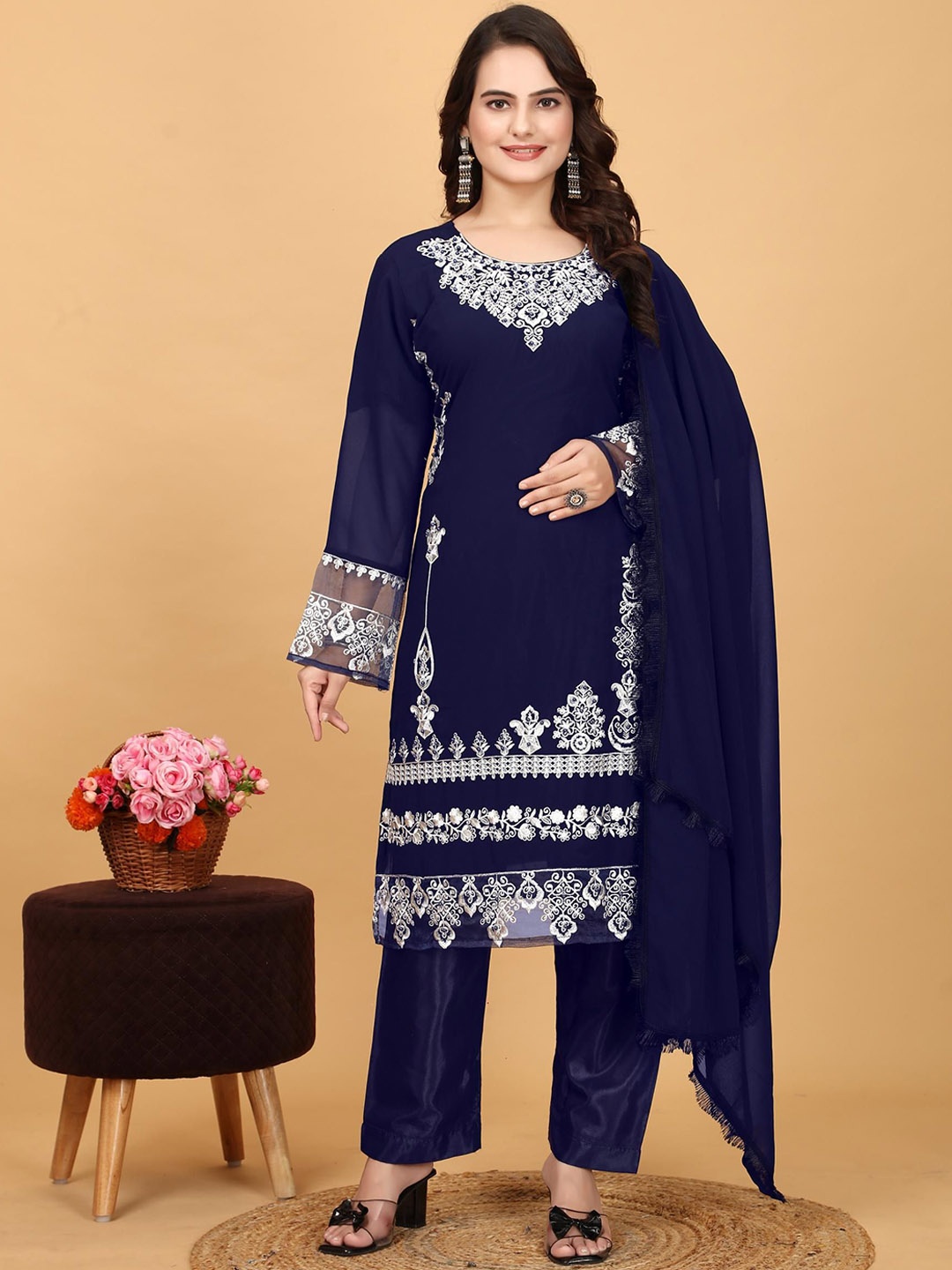 

ANAMSA Women Floral Embroidered Regular Kurta with Trousers & With Dupatta, Blue