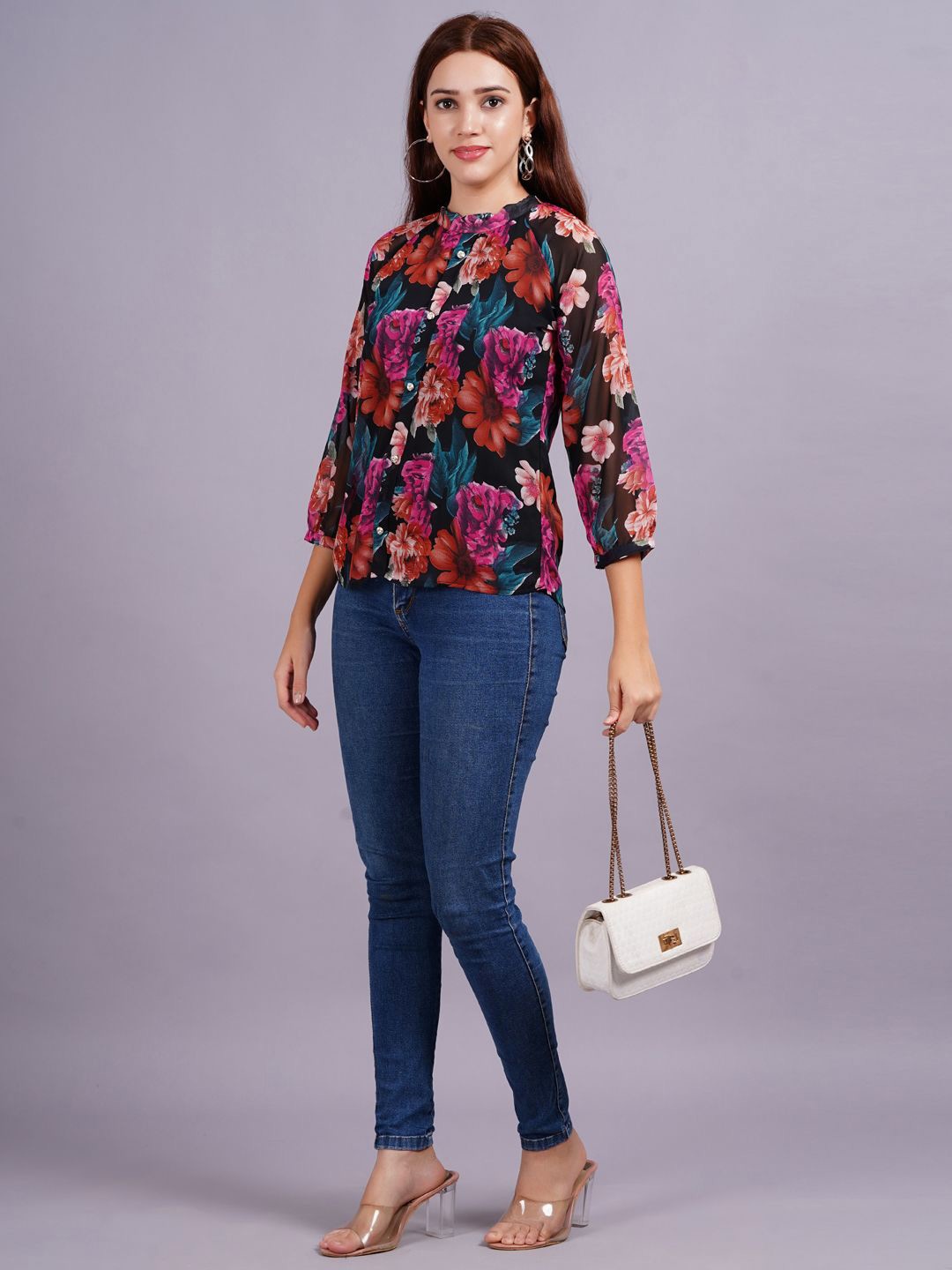 

KALINI Women Floral Printed High Neck Top, Black